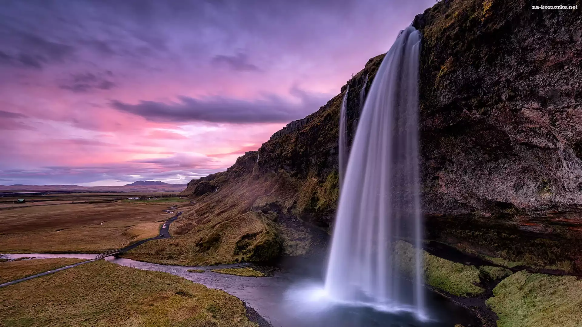 Islandia, Skała, Rzeka, Wodospad Seljalandsfoss, Chmury