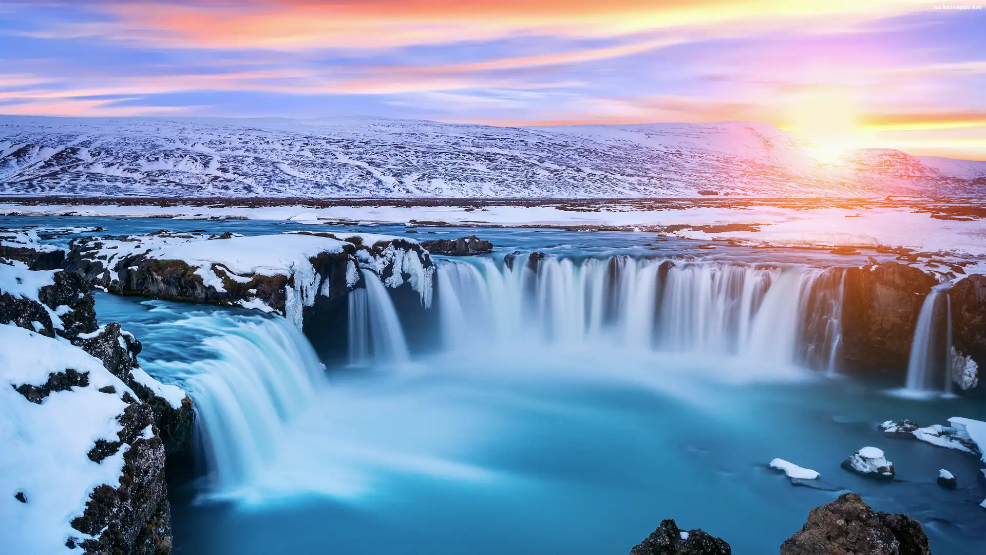 Wodospad, Islandia, Godafoss, Zima