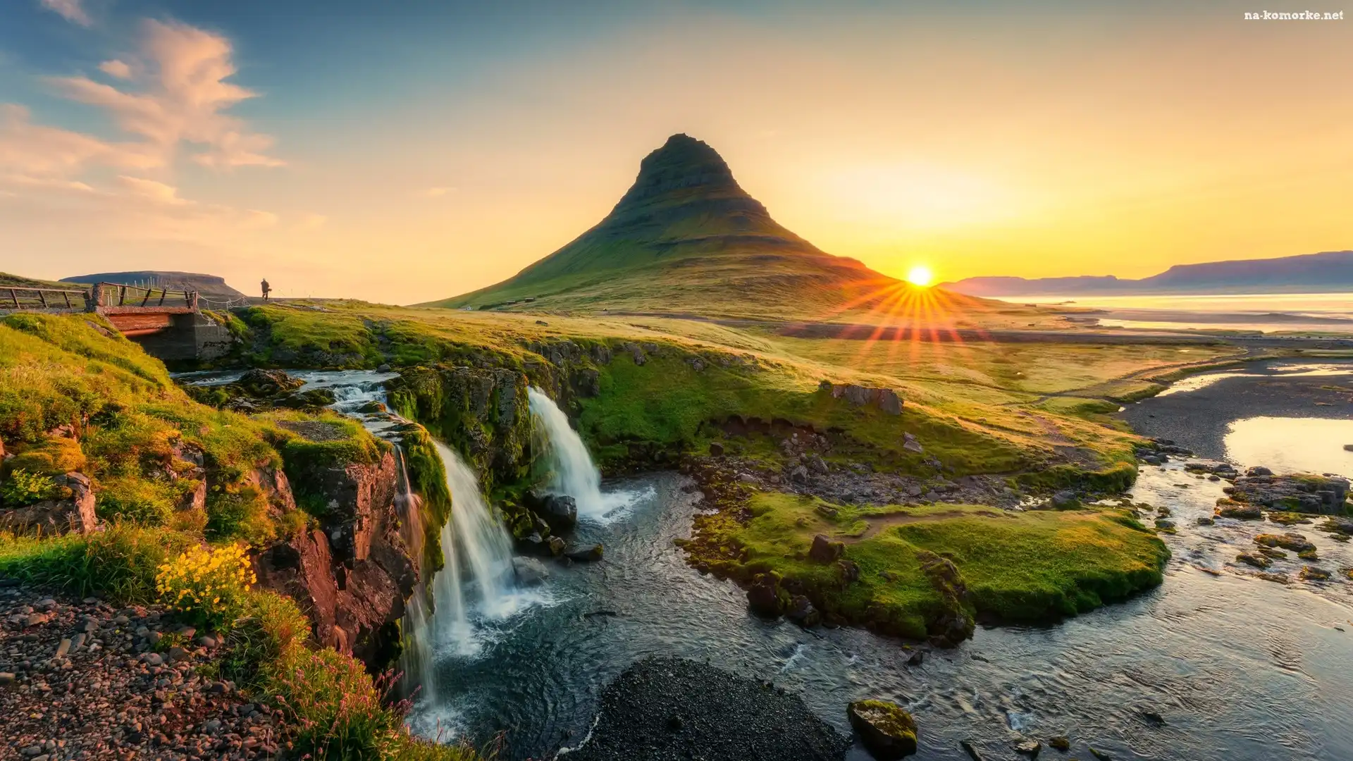 Kirkjufellsfoss, Promienie słońca, Wodospad, Islandia, Kirkjufell, Góra