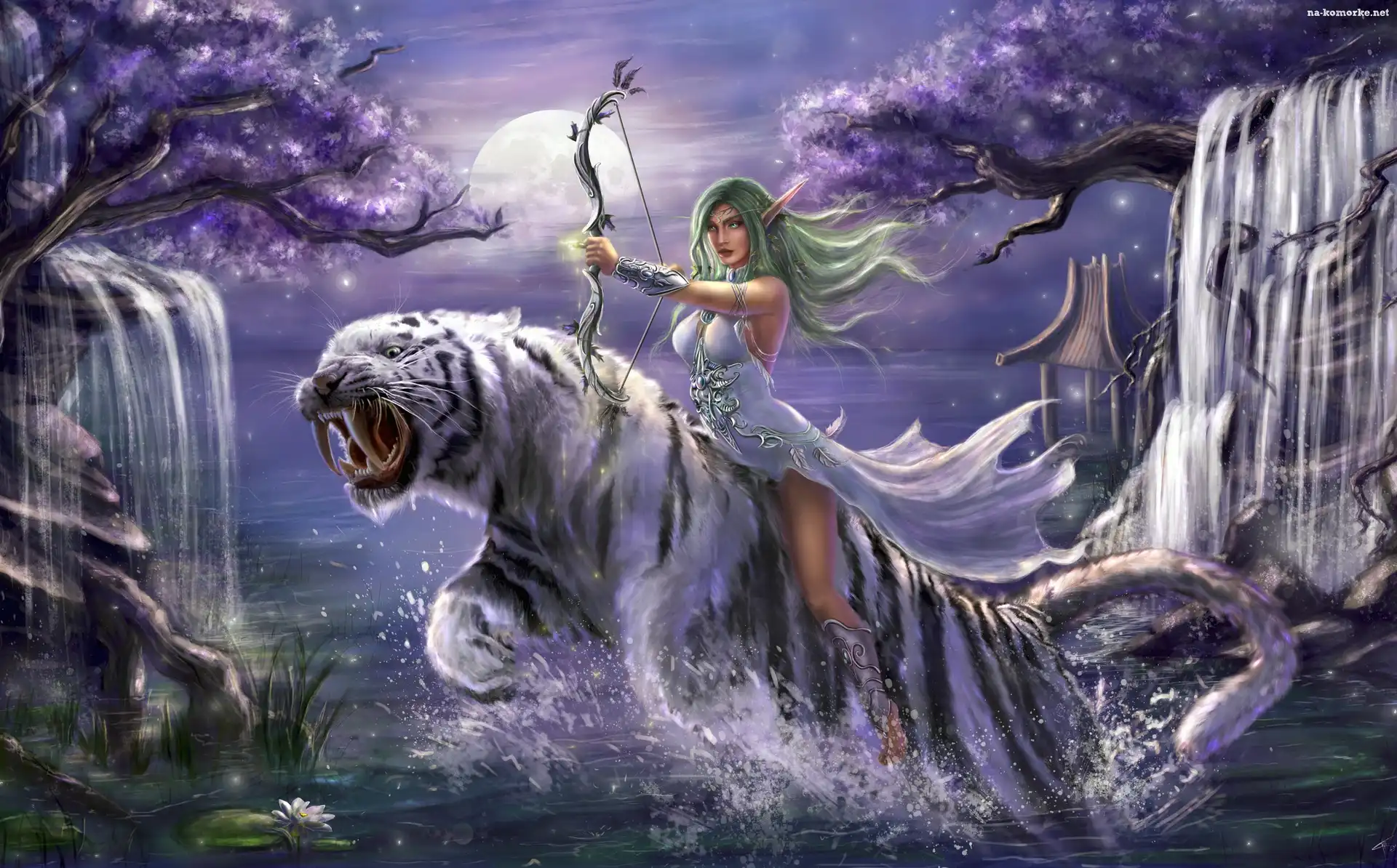 Tygrys, Gra, World Of Warcraft, Elf, Kapłanka, Tyrande Whisperwind, Wodospad