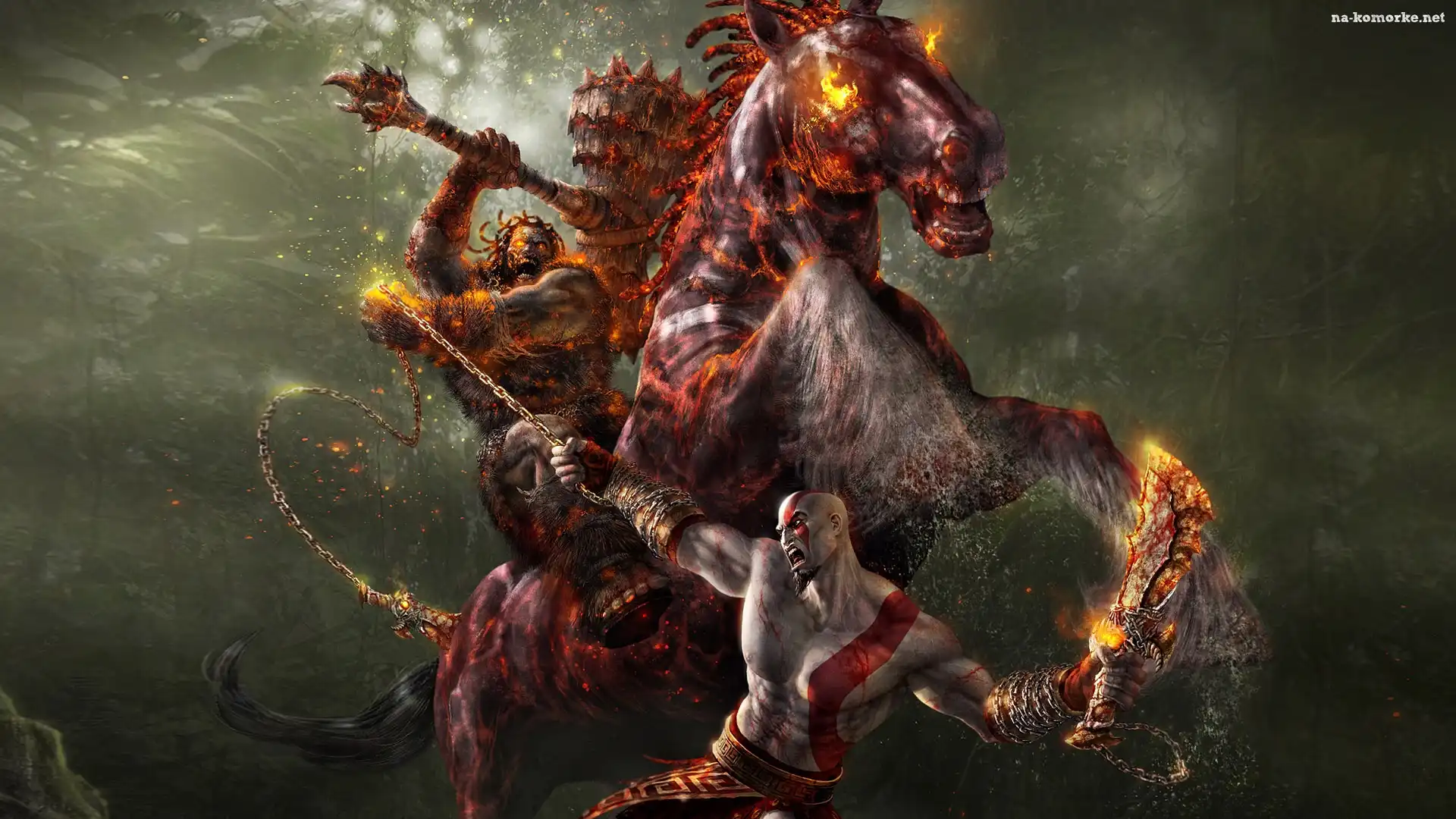 Koń, God of War, Gra, Płomienie, Kratos, Żar