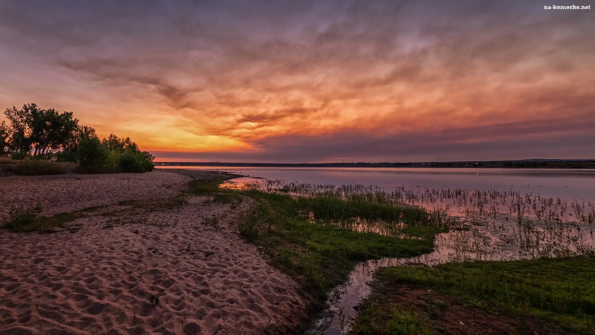 Wschód słońca, Park stanowy, Stany Zjednoczone, Deer Creek, Kolorado, Piasek, Rzeka, Chatfield State Park, Drzewa, Trawa