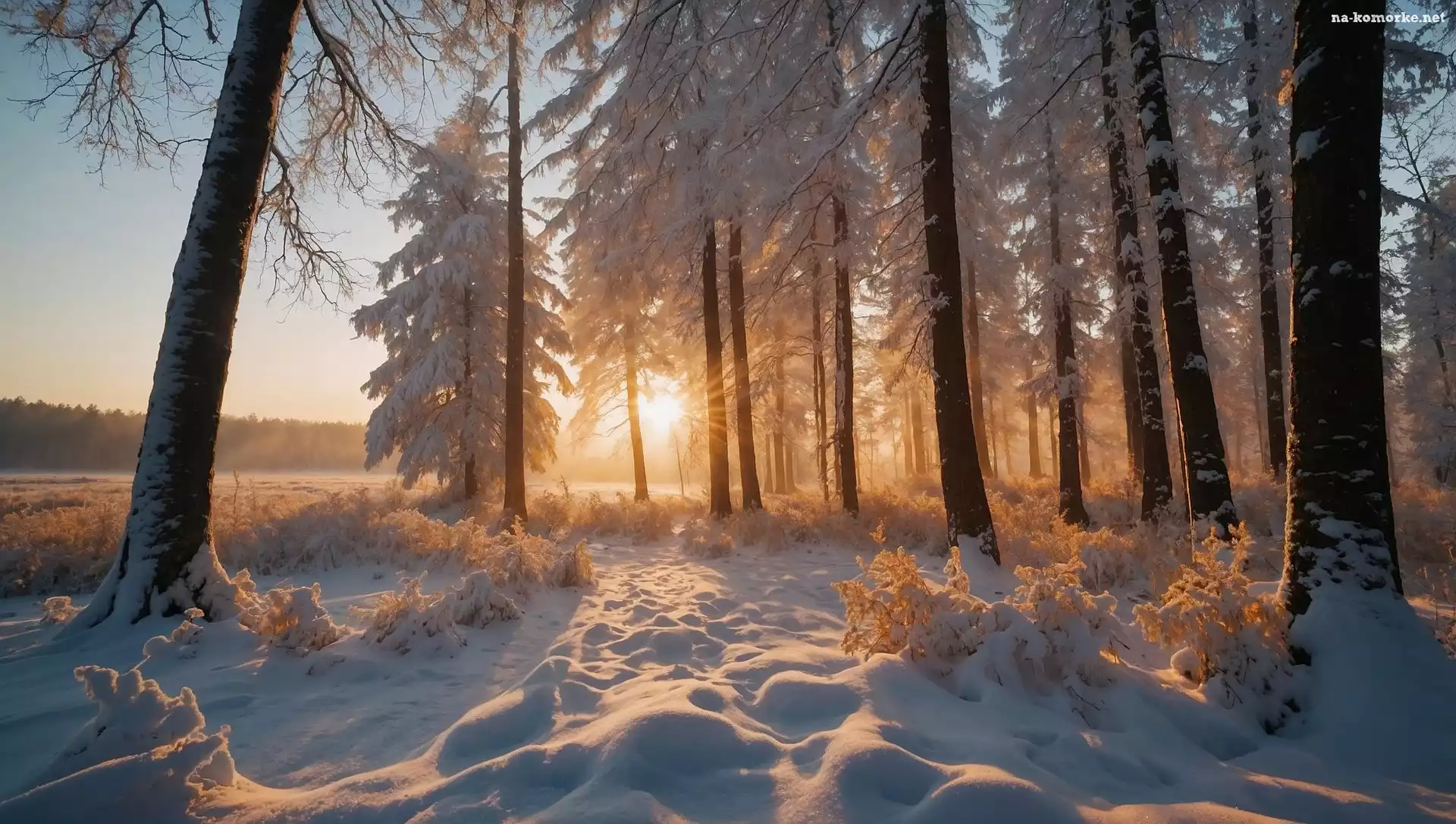 Poranek, Zima, Drzewa, Wschód słońca, Las, Śnieg