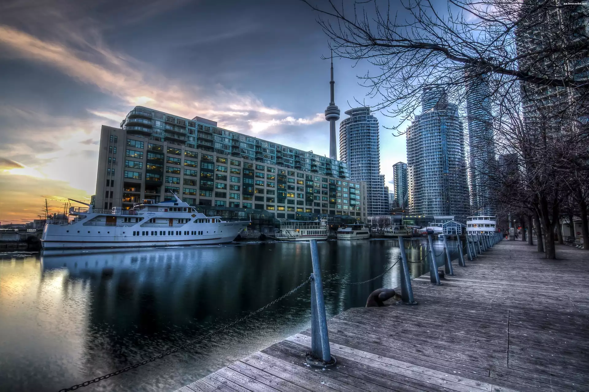 Wschód, Toronto, Kanada, Statki, Harbourfront, Słońca