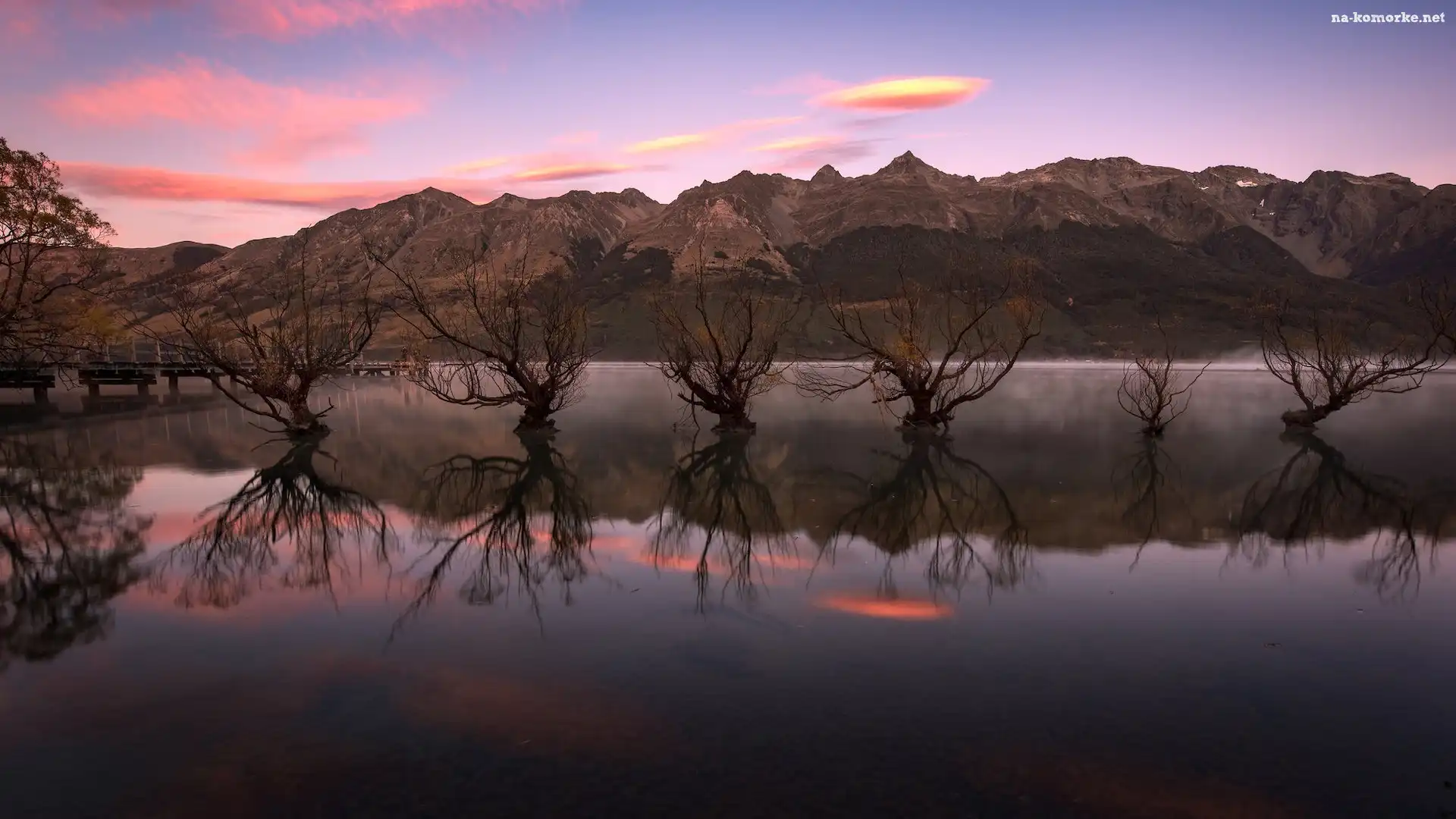 Wschód słońca, Rząd, Jesień, Jezioro, Nowa Zelandia, Wierzby, Glenorchy, Wakatipu, Queenstown, Drzewa, Odbicie