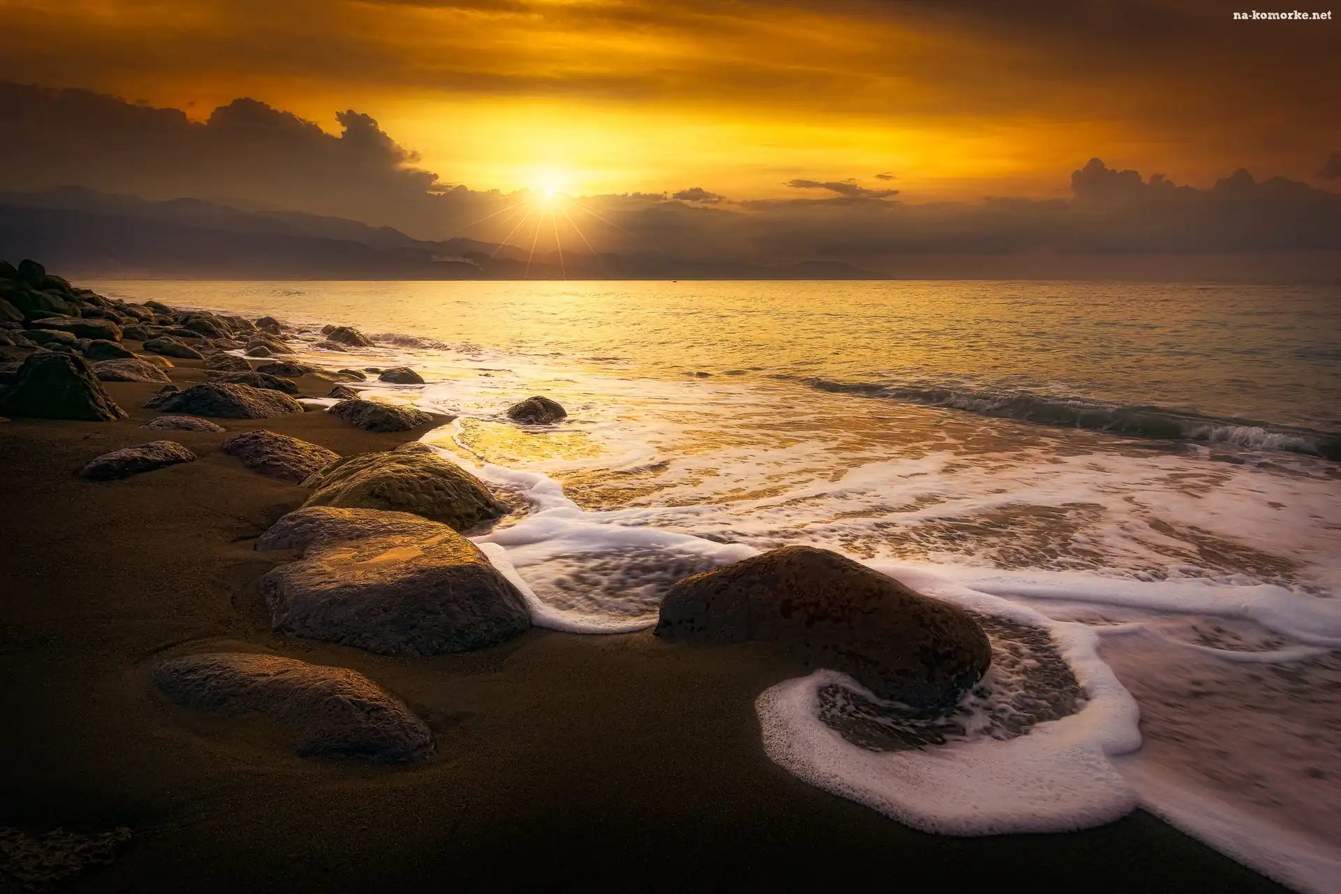Wschód słońca, Morze, Plaża, Kamienie, Fale