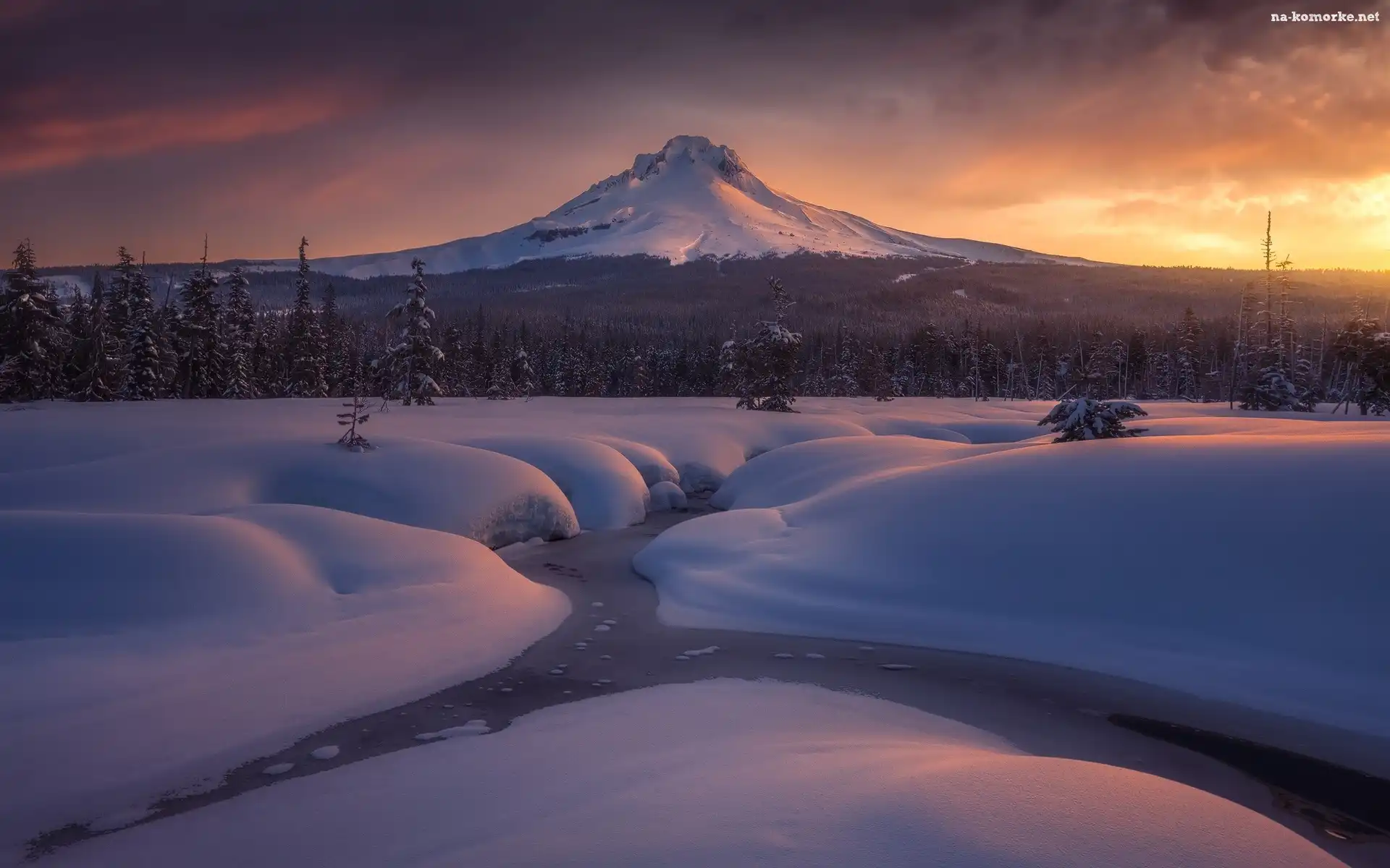 Wschód słońca, Mount Hood, Stratowulkan, Zima, Stany Zjednoczone, Ośnieżone, Rzeka, Góra, Stan Oregon, Las, Drzewa