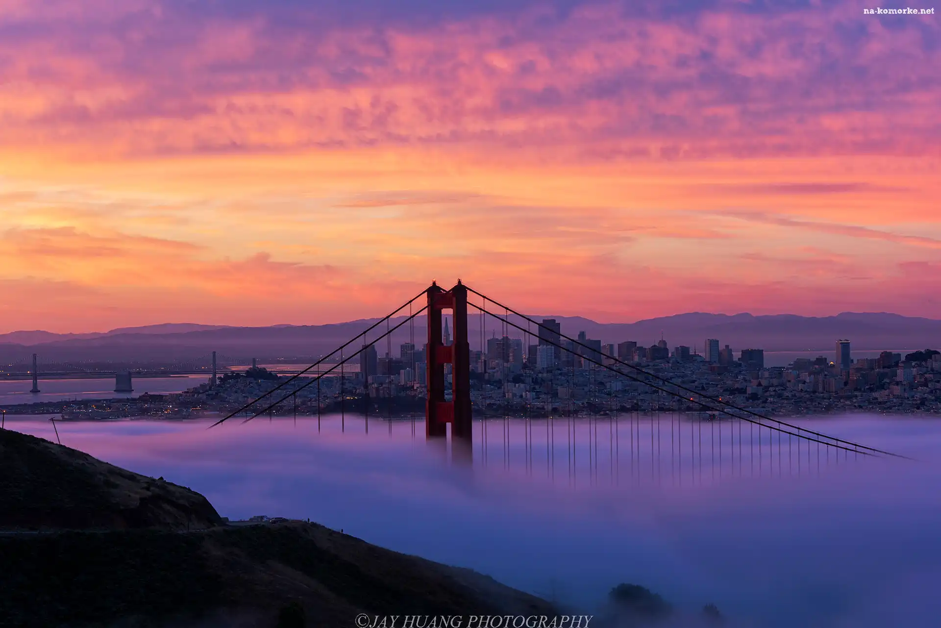 Most Golden Gate, Mgła, Wschód słońca, Cieśnina Golden Gate, San Francisco, Kalifornia, Stany Zjednoczone