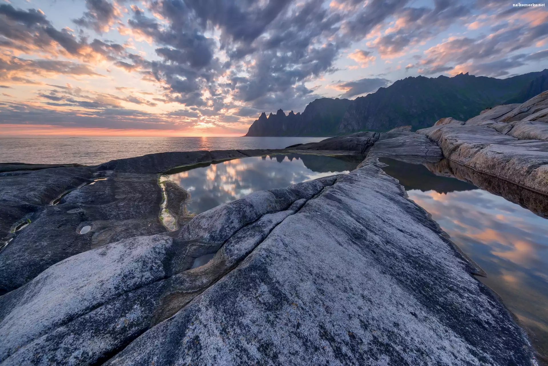 Norwegia, Wschód słońca, Skały, Morze, Wyspa Senja