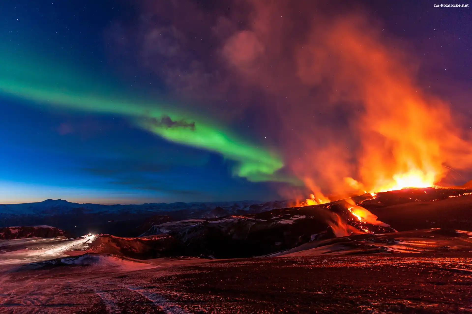 Wulkanu, Góry, Islandia, Polarna, Erupcja, Zorza