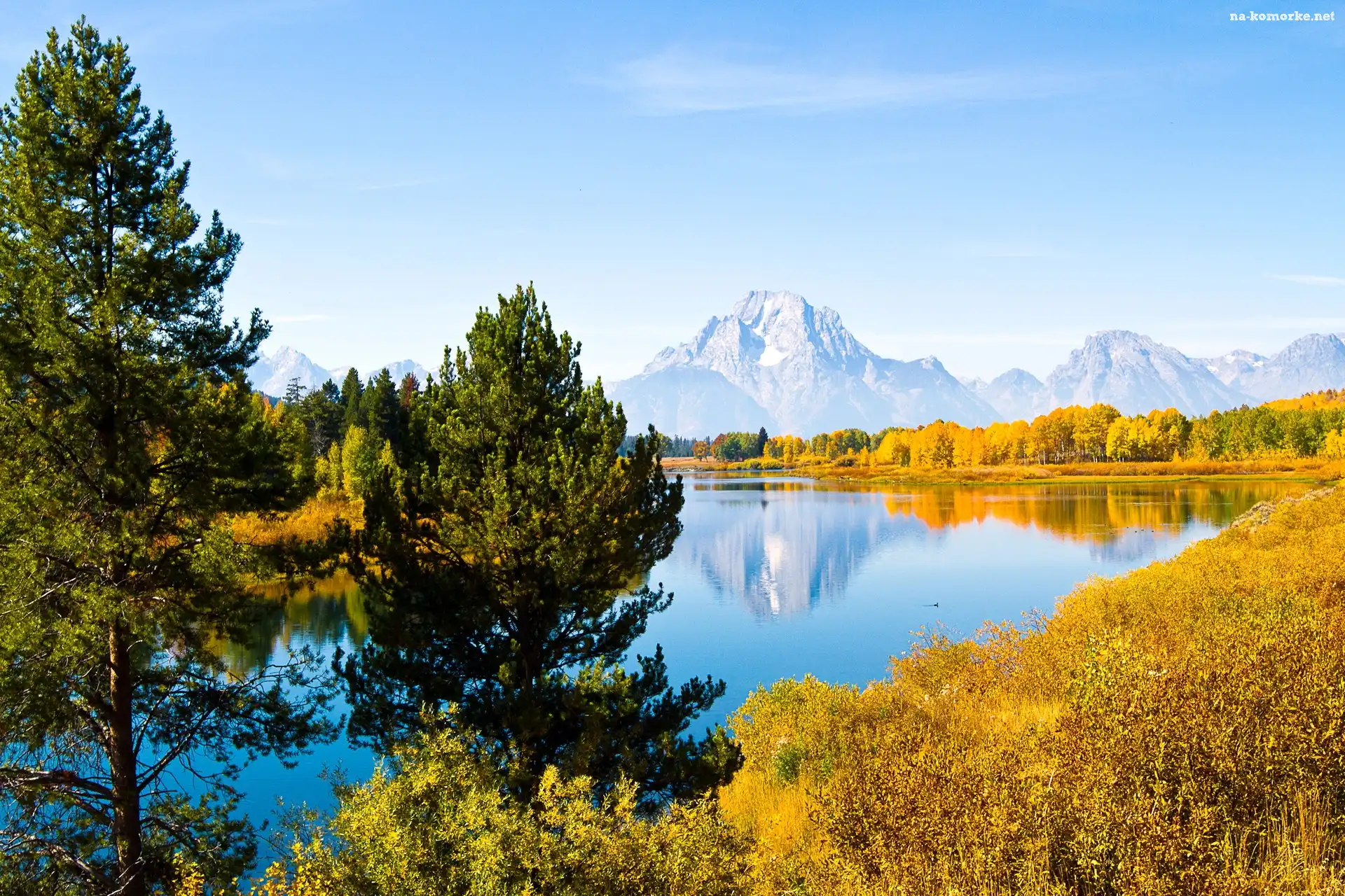 Stany Zjednoczone, Szczyt Mount Moran, Drzewa, Stan Wyoming, Park Narodowy Grand Teton, Rzeka Snake River, Góry