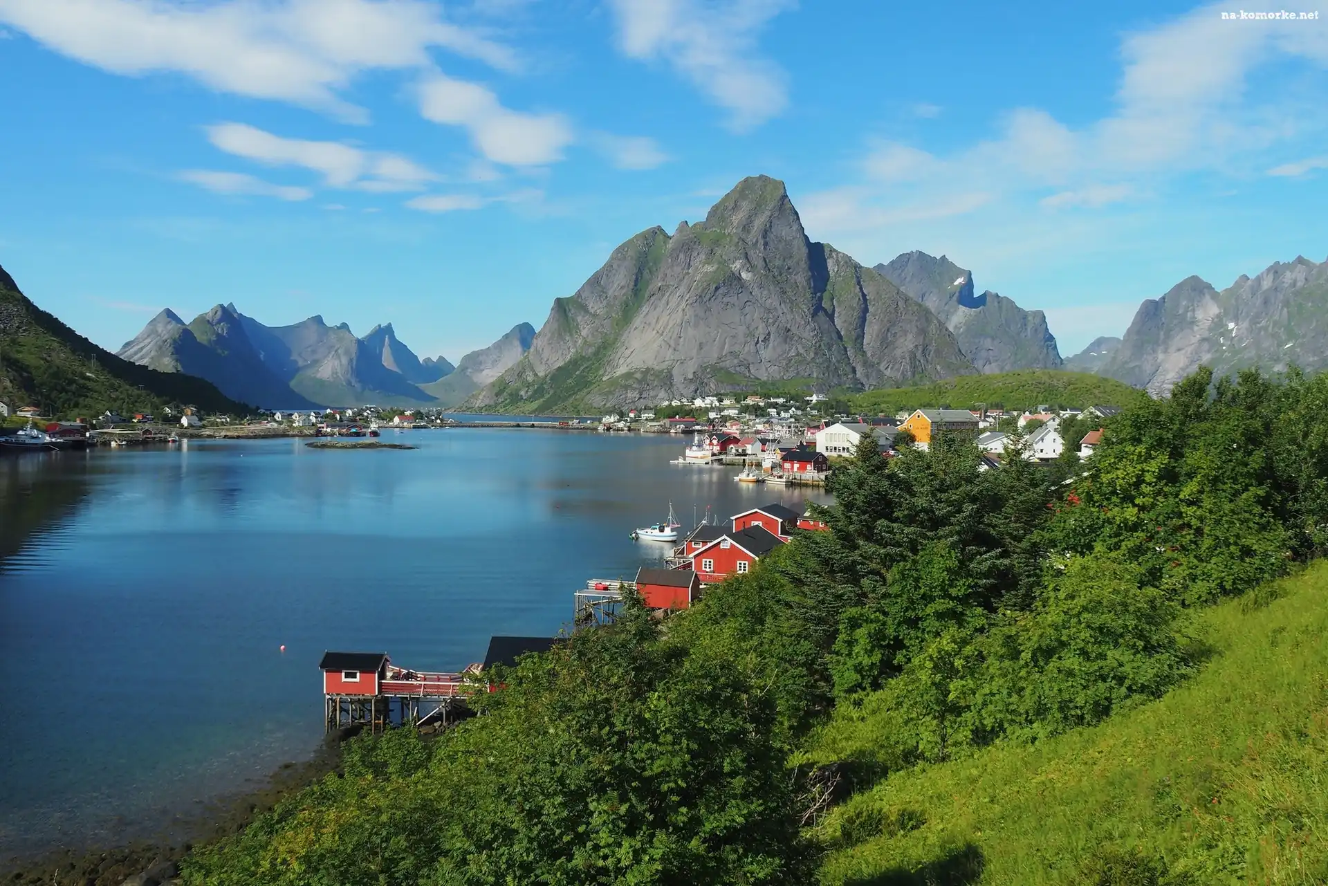 Norwegia, Góry, Wyspa Moskenesoya, Drzewa, Lofoty, Wioska Reine, Morze Norweskie, Domy