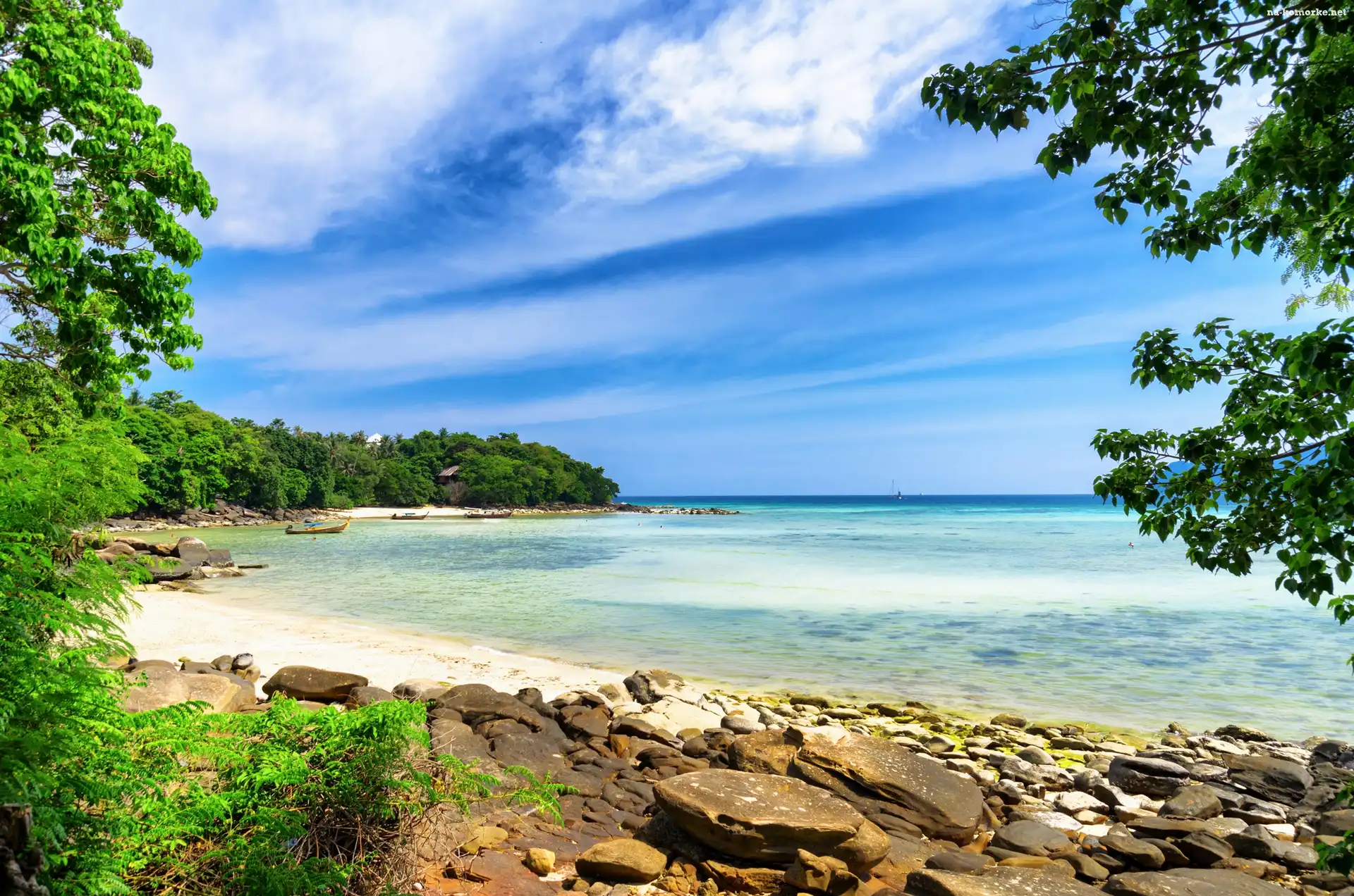 Plaża, Wyspa Phi Phi, Tajlandia, Drzewa, Morze, Kamienie