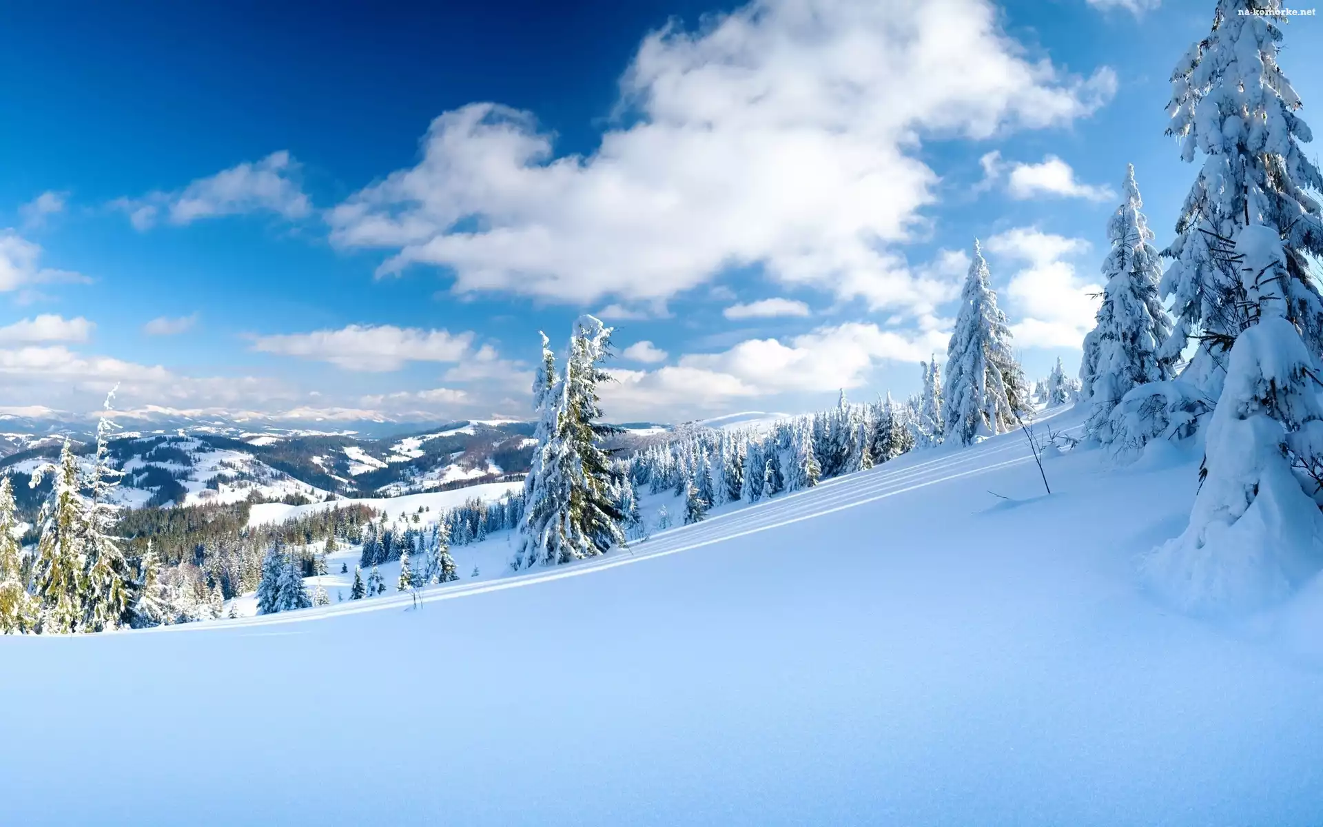 Wzgórza, Śnieg, Drzewa, Niebo