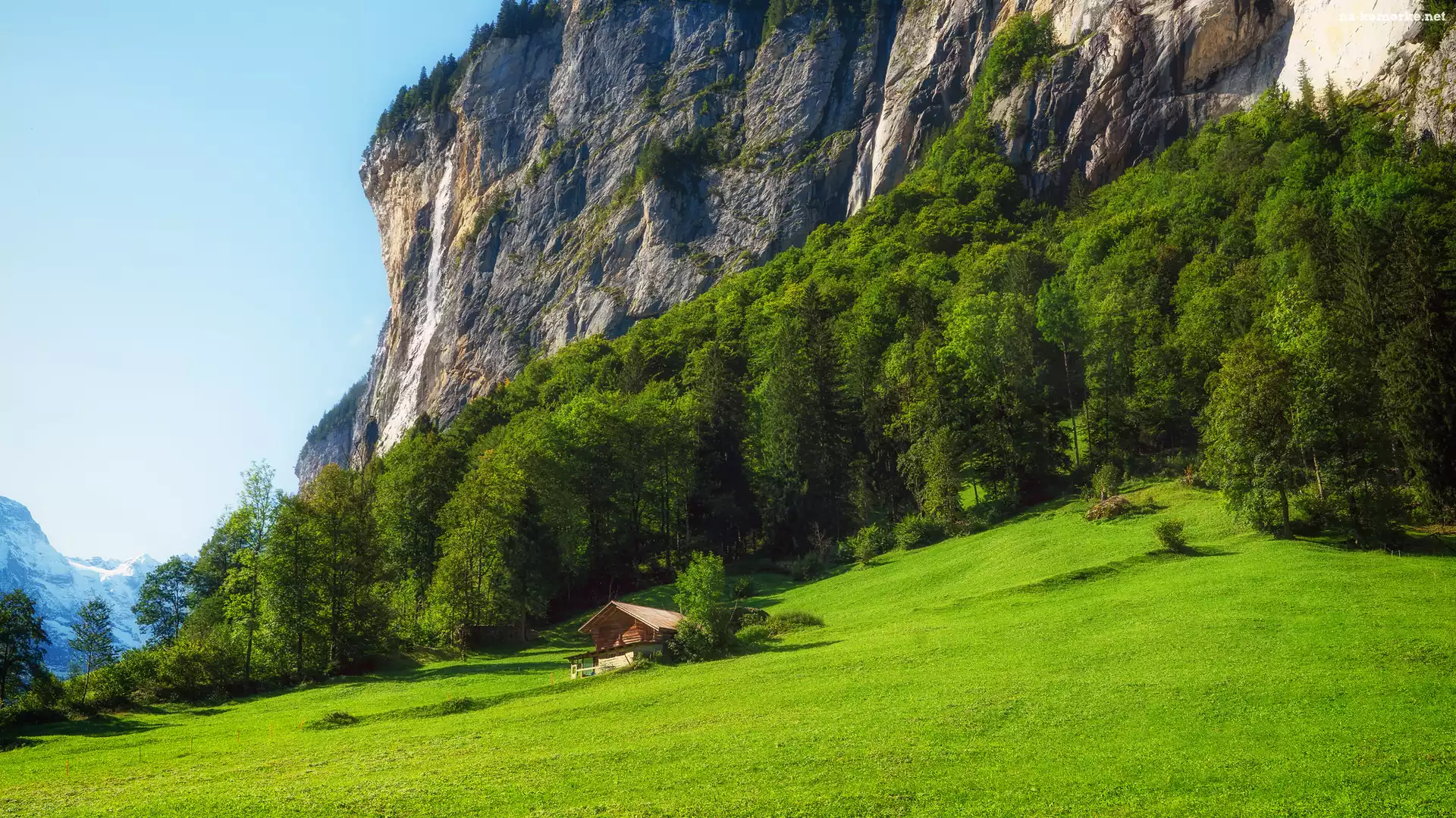 Drzewa, Dolina Lauterbrunnen, Polana, Szwajcaria, Góry, Dom, Wzgórze