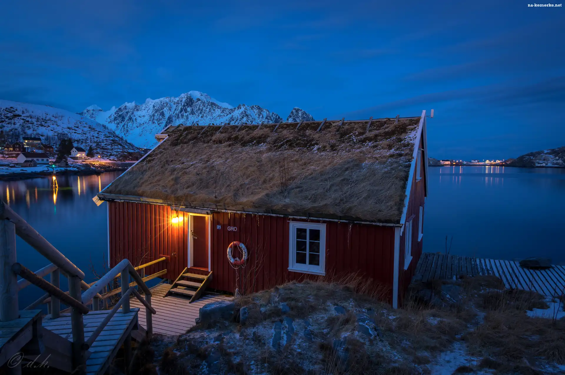 Norwegia, Noc, Wyspa Moskenesøya, Zima, Wioska Reine, Domek, Jezioro, Góry