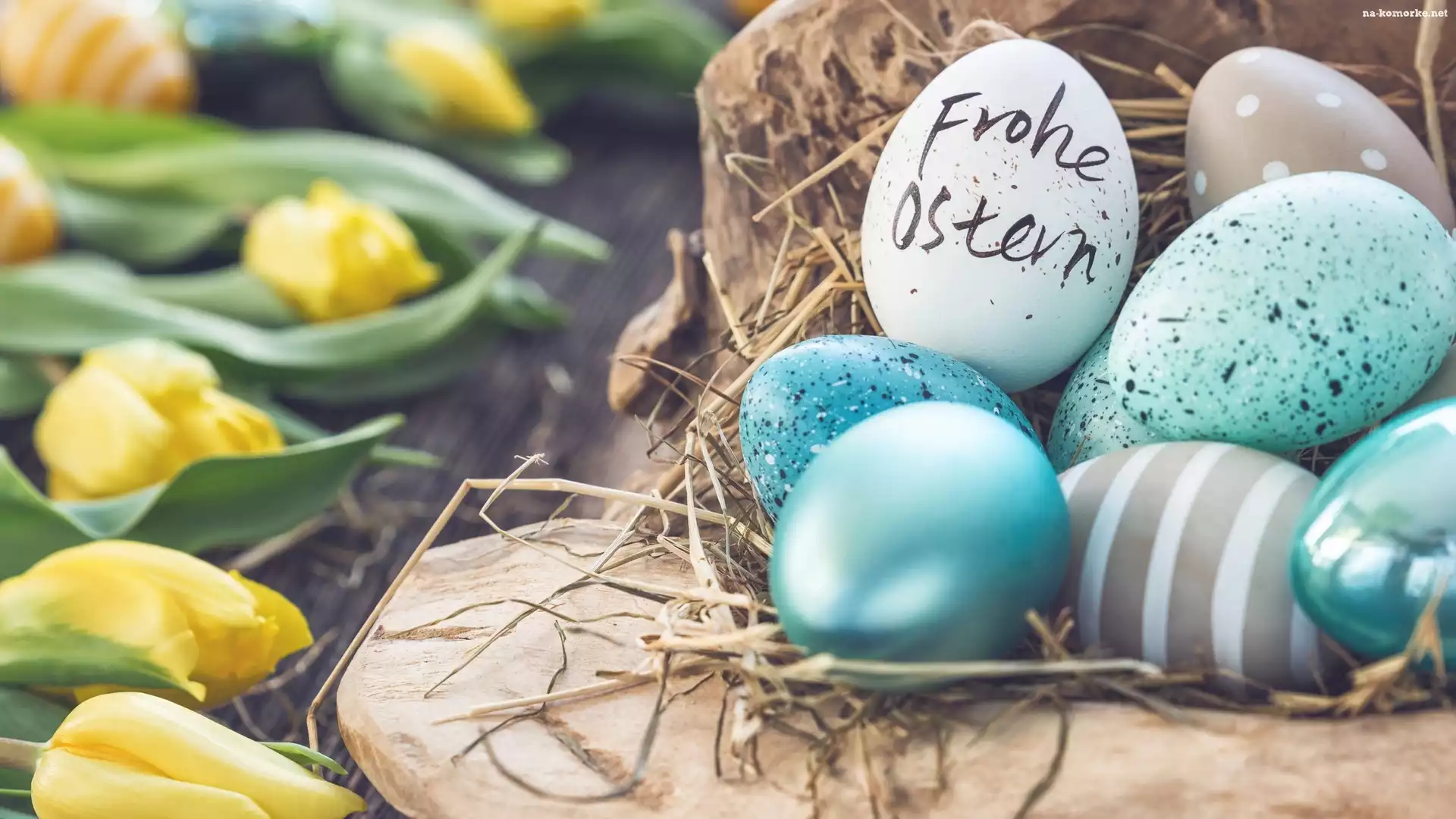 Pisanki, Wielkanoc, Tulipany, Jajka, Frohe Ostern, Dekoracja, Napis, Żółte, Życzenia