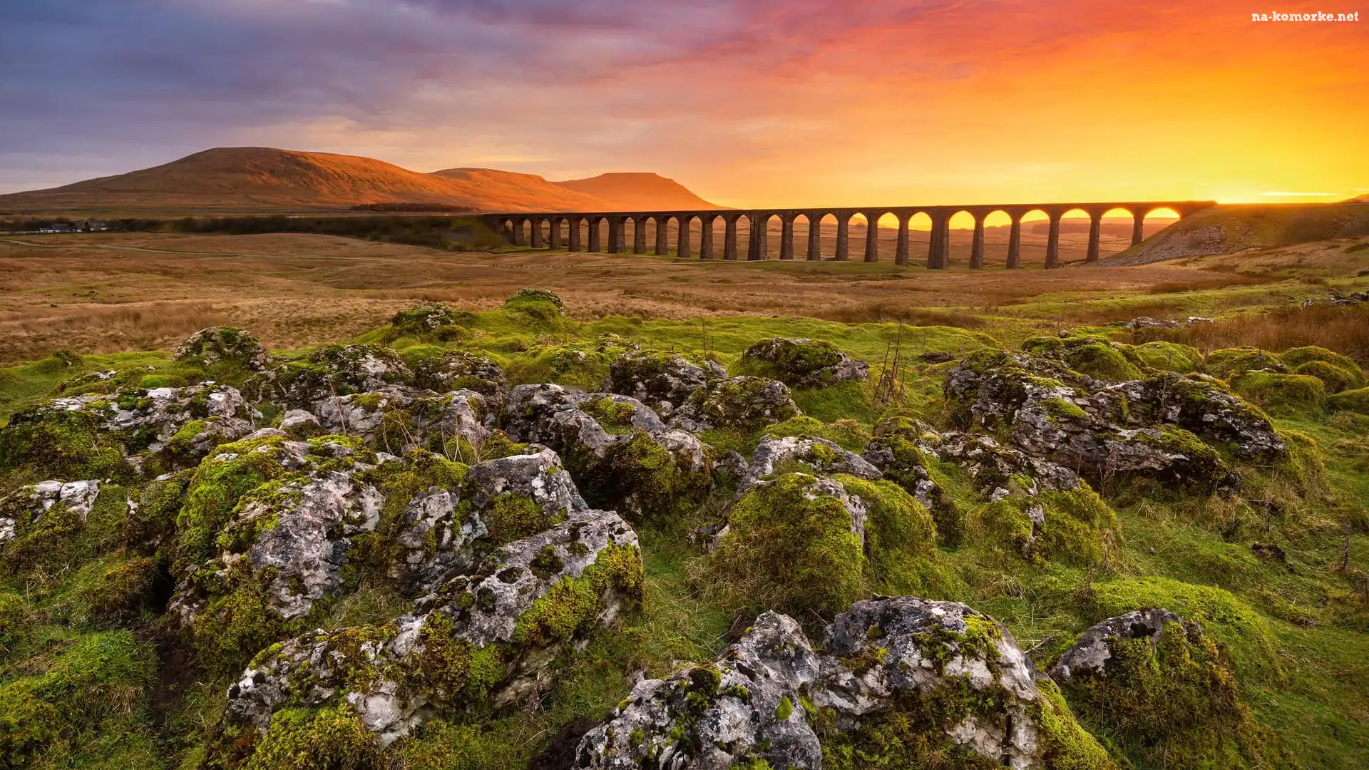Wiadukt, Park Narodowy Yorkshire Dales, Zachód słońca, Góry, Skały, Anglia, Ribblehead Viaduct, Most
