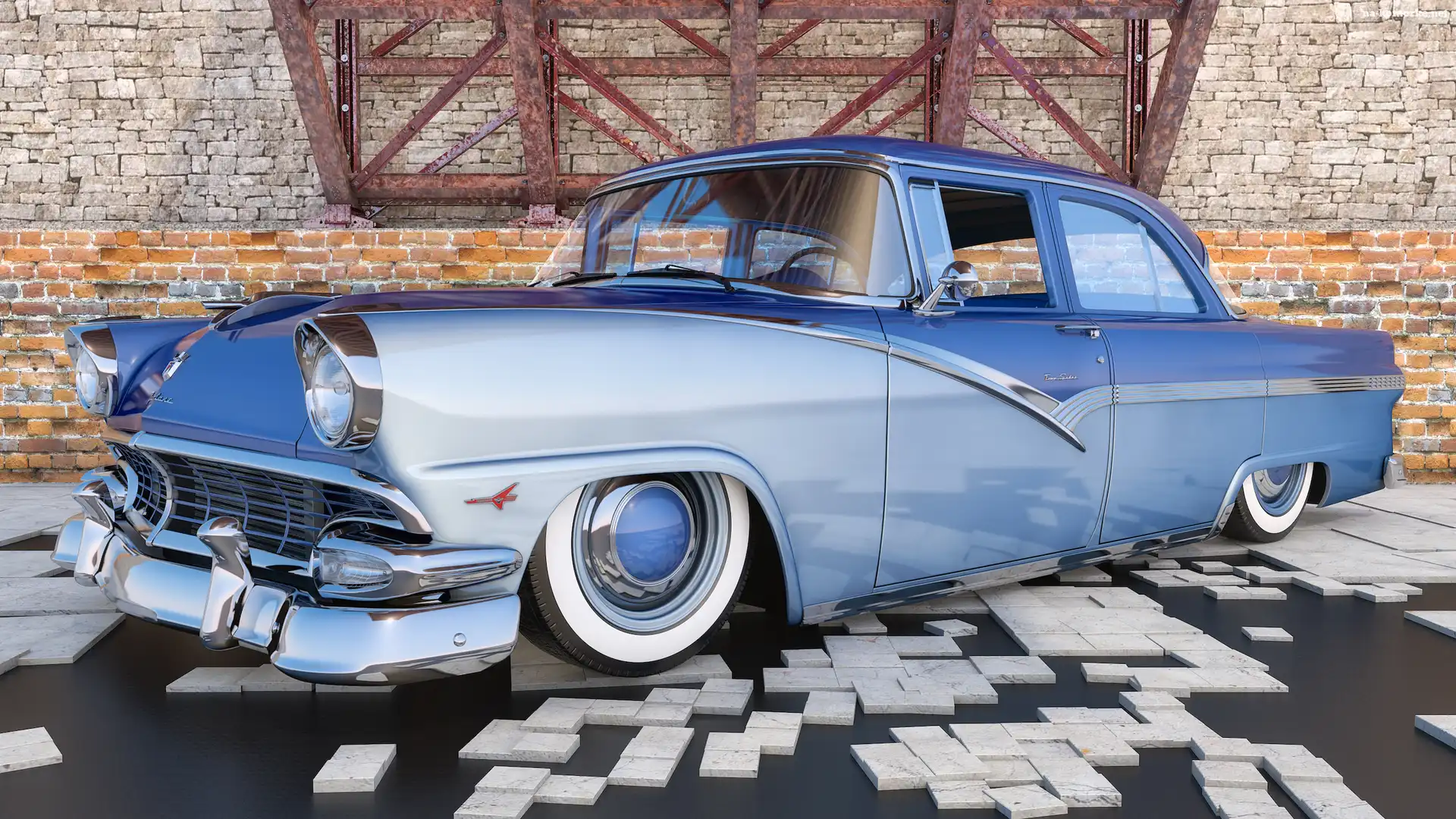 Niebieski, Zabytkowy, Ford Fairlane Town Sedan, 1956