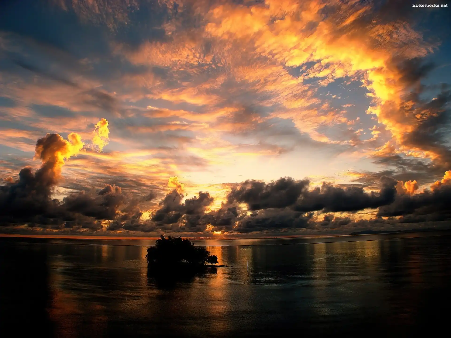 Zachód, Wysepka, Ocean, Tahiti, Chmury, Słońca