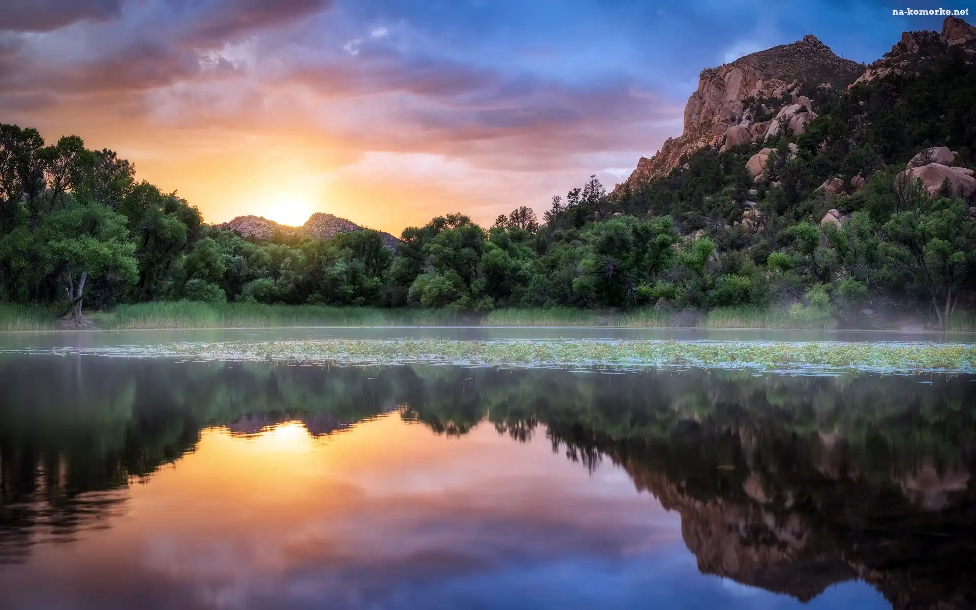 Zachód słońca, Zbiornik, Stany Zjednoczone, Jezioro, Arizona, Prescott National Forest, Góry, Granite Basin Lake, Drzewa, Las