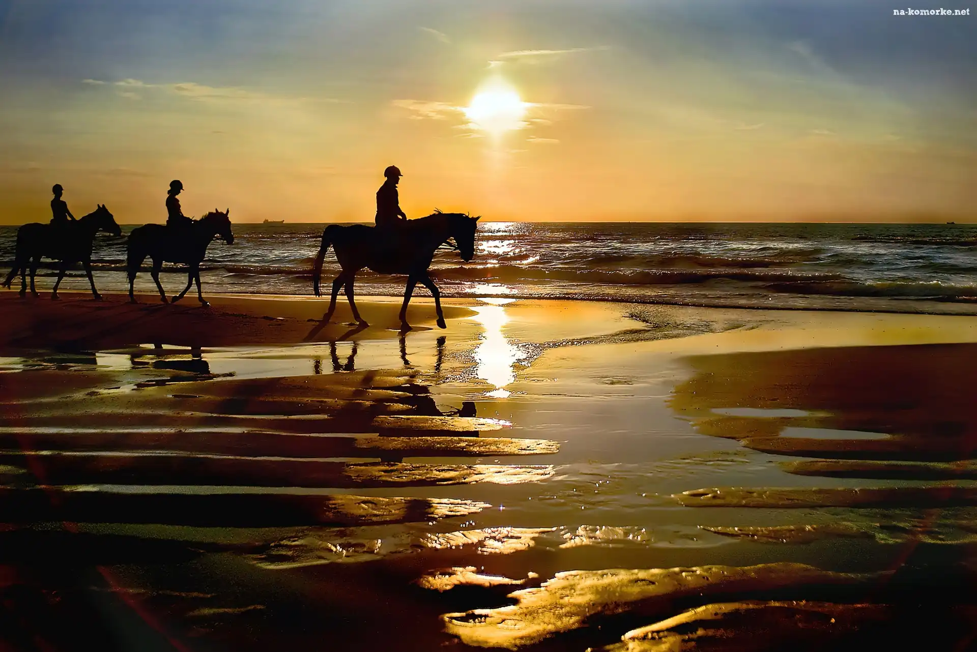 Zachód, Morze, Plaża, Konie, Dżokeje