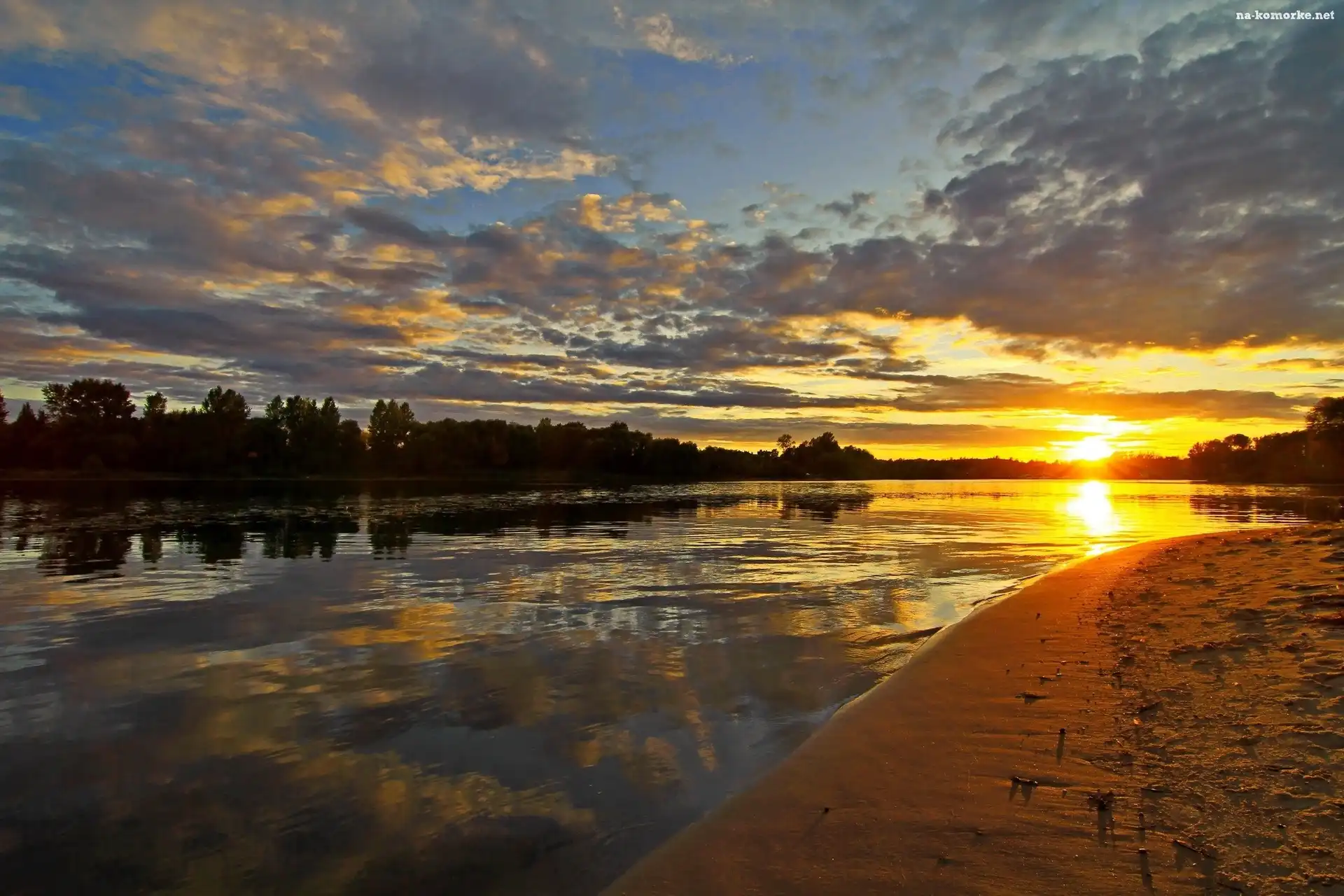 Zachód, Plaża, Słońca, Rzeka