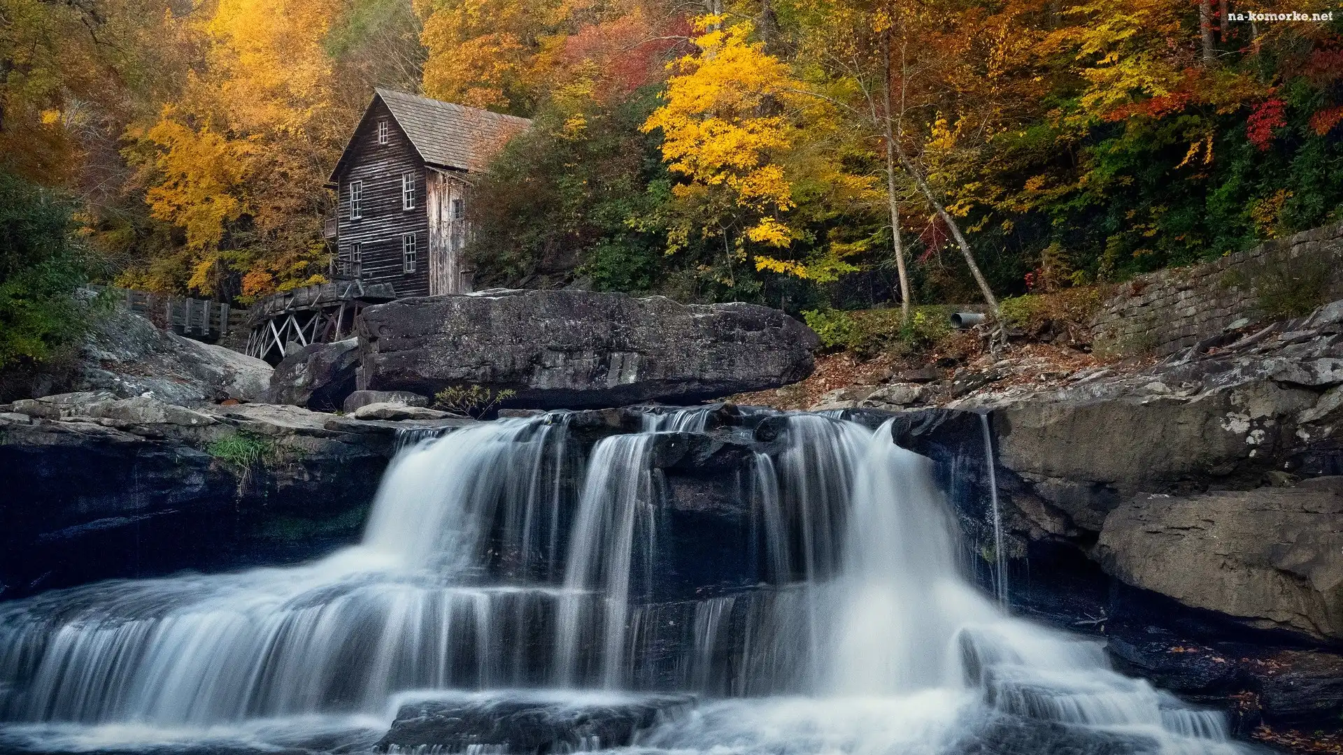 Park Babcock State, Młyn wodny, Stany Zjednoczone, Skały, Rzeka, Jesień, Drzewa, Glade Creek Grist Mill, Wirginia Zachodnia