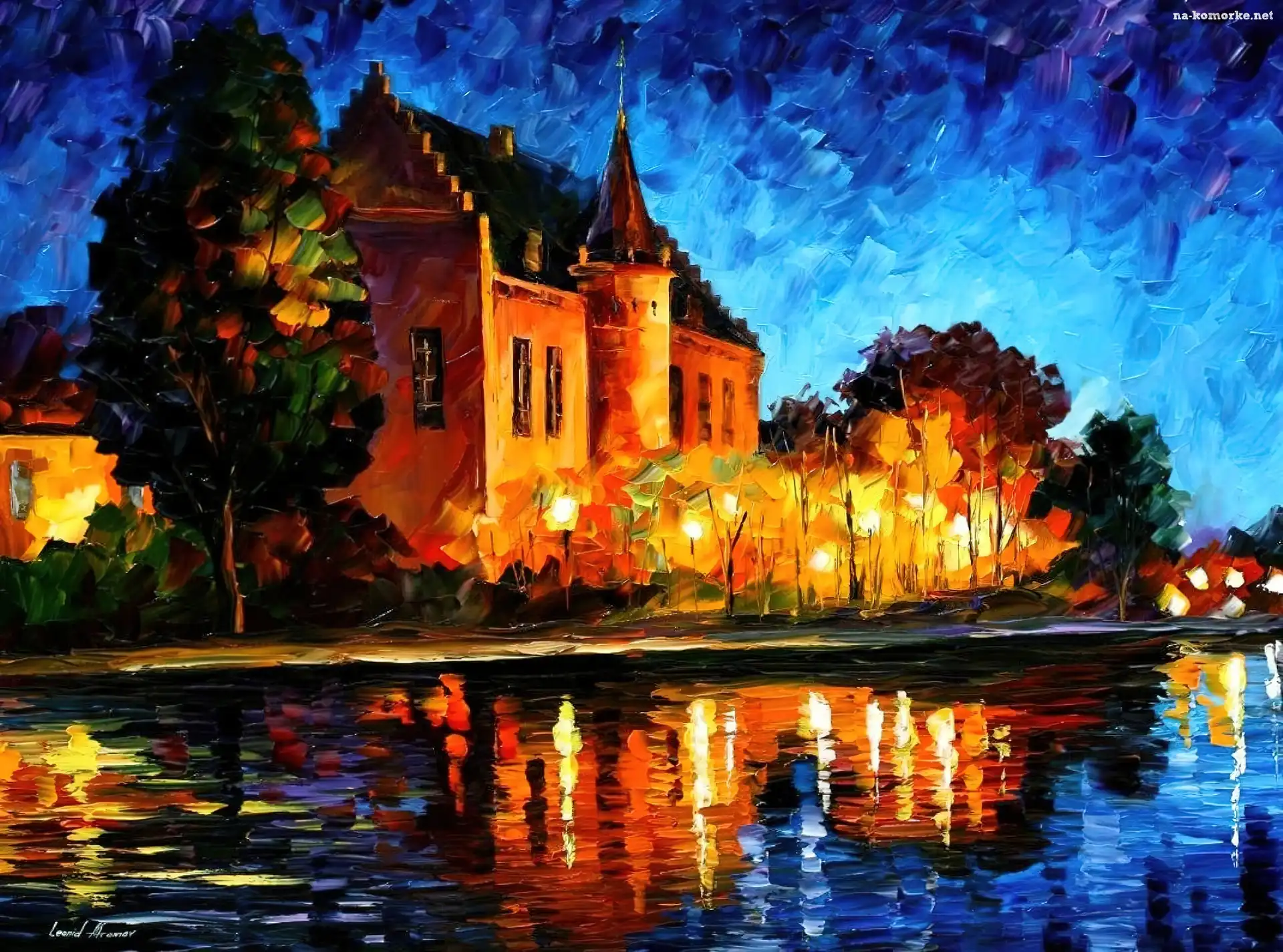 Zamek, Noc, Jezioro, Leonid Afremov