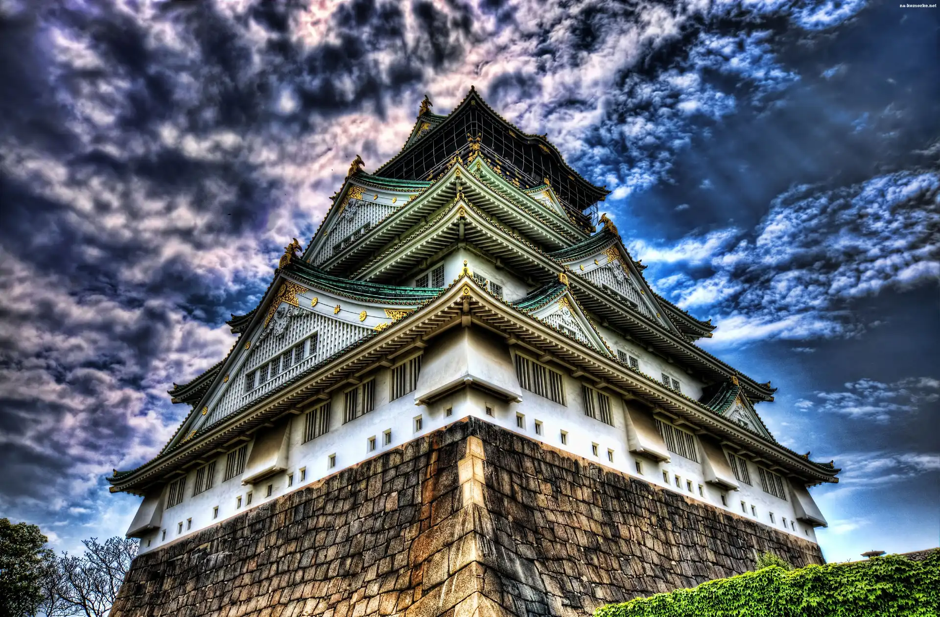 zamek, chmury, Osaka, Japonia