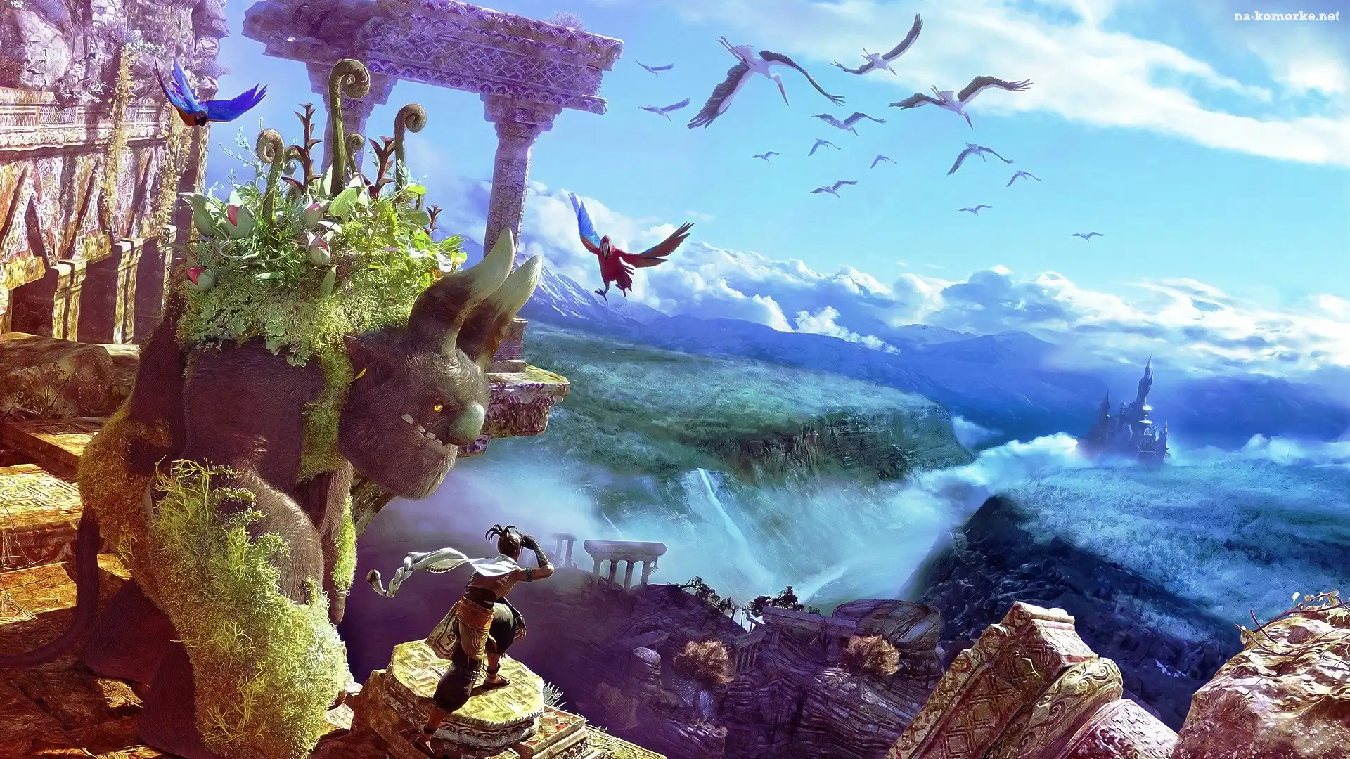 Zamek, Bociany, Ptaki, Fantasy, Papugi, Stwór