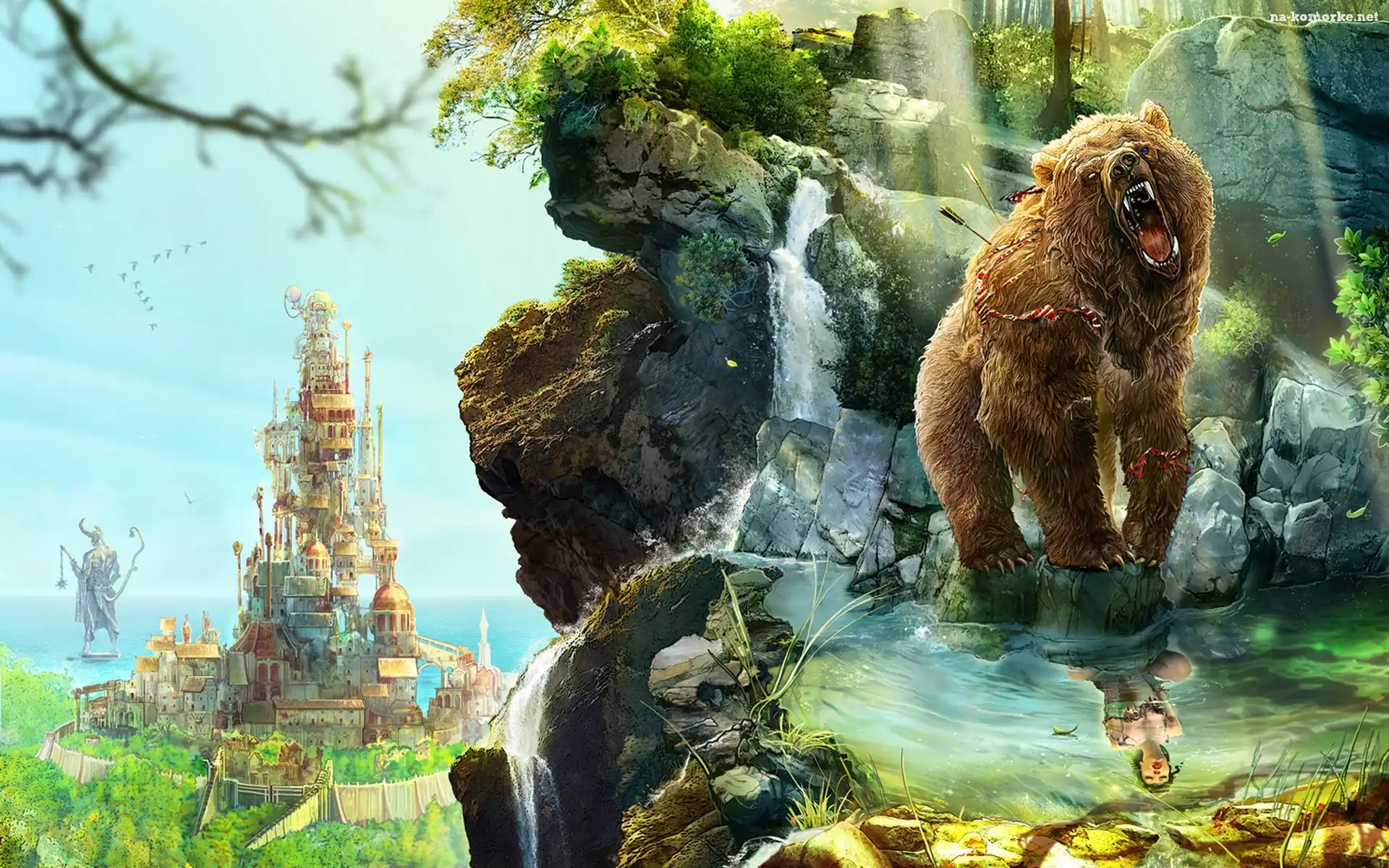 Ryczący, Zamek, Fantasy, Niedźwiedź, Odbicie, Kobieta, Skały