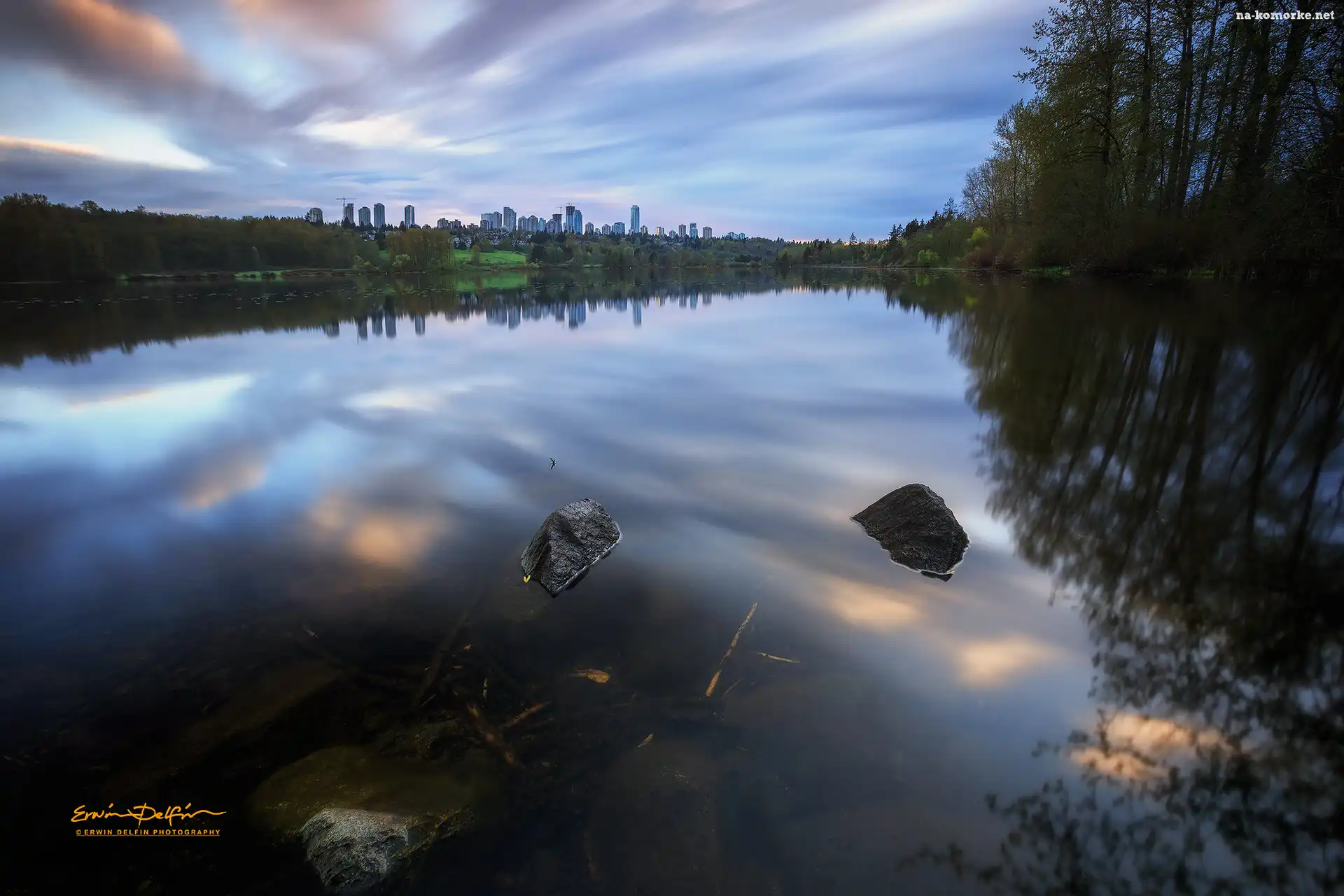 Zachód słońca, Burnaby, Kamienie, Kanada, Zarośla, Odbicie, Jezioro Deer, Deer Lake Park