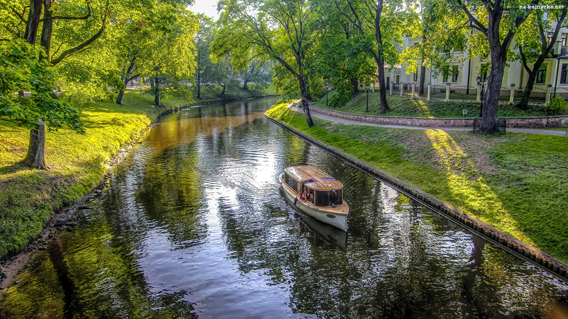 Zielone, Rzeka, Park, Dom, Motorówka, Drzewa