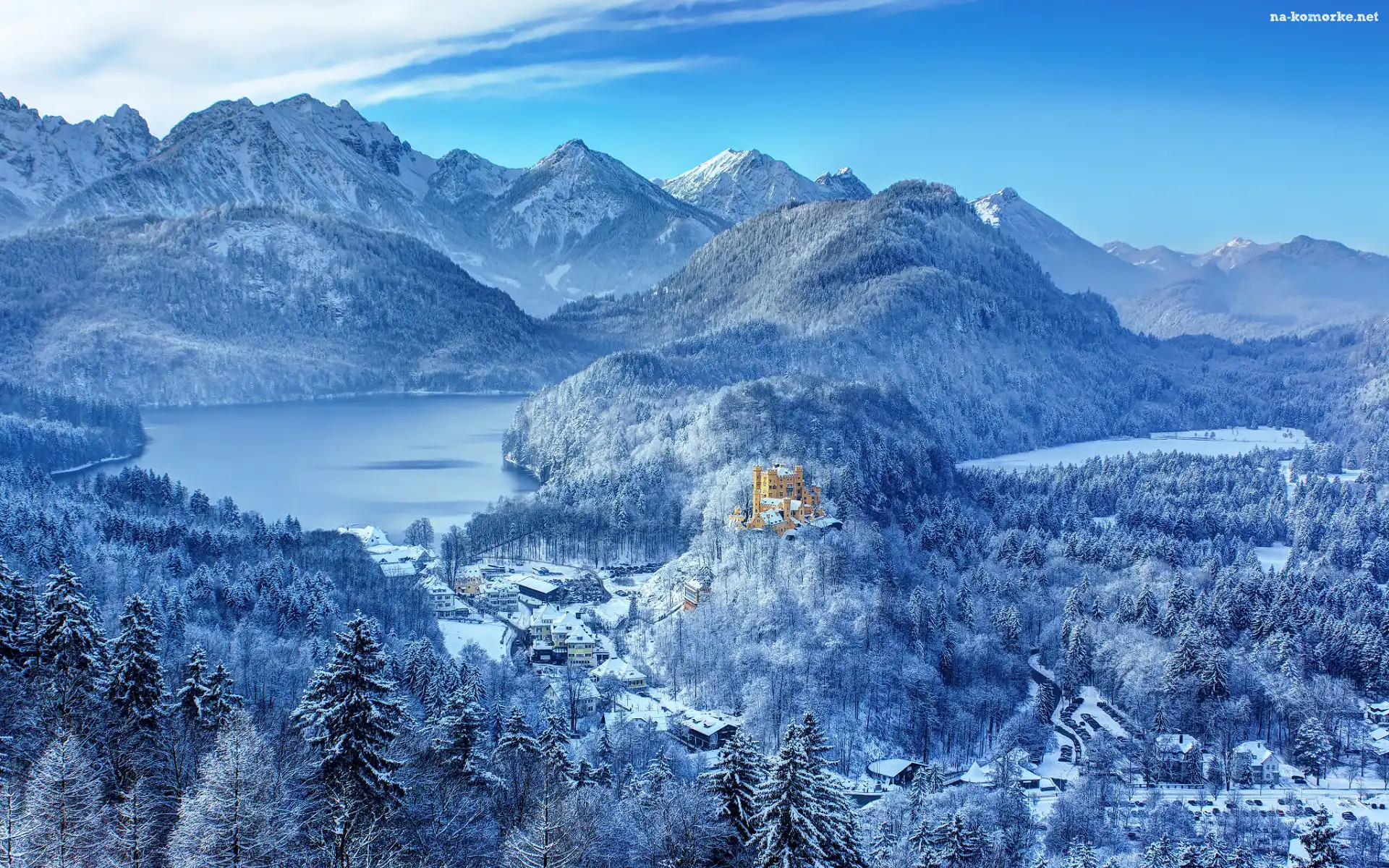 Zima, Śnieg, Niemcy, Drzewa, Bawaria, Zamek Hohenschwangau, Lasy, Góry, Jezioro Alpsee, Jezioro Schwan