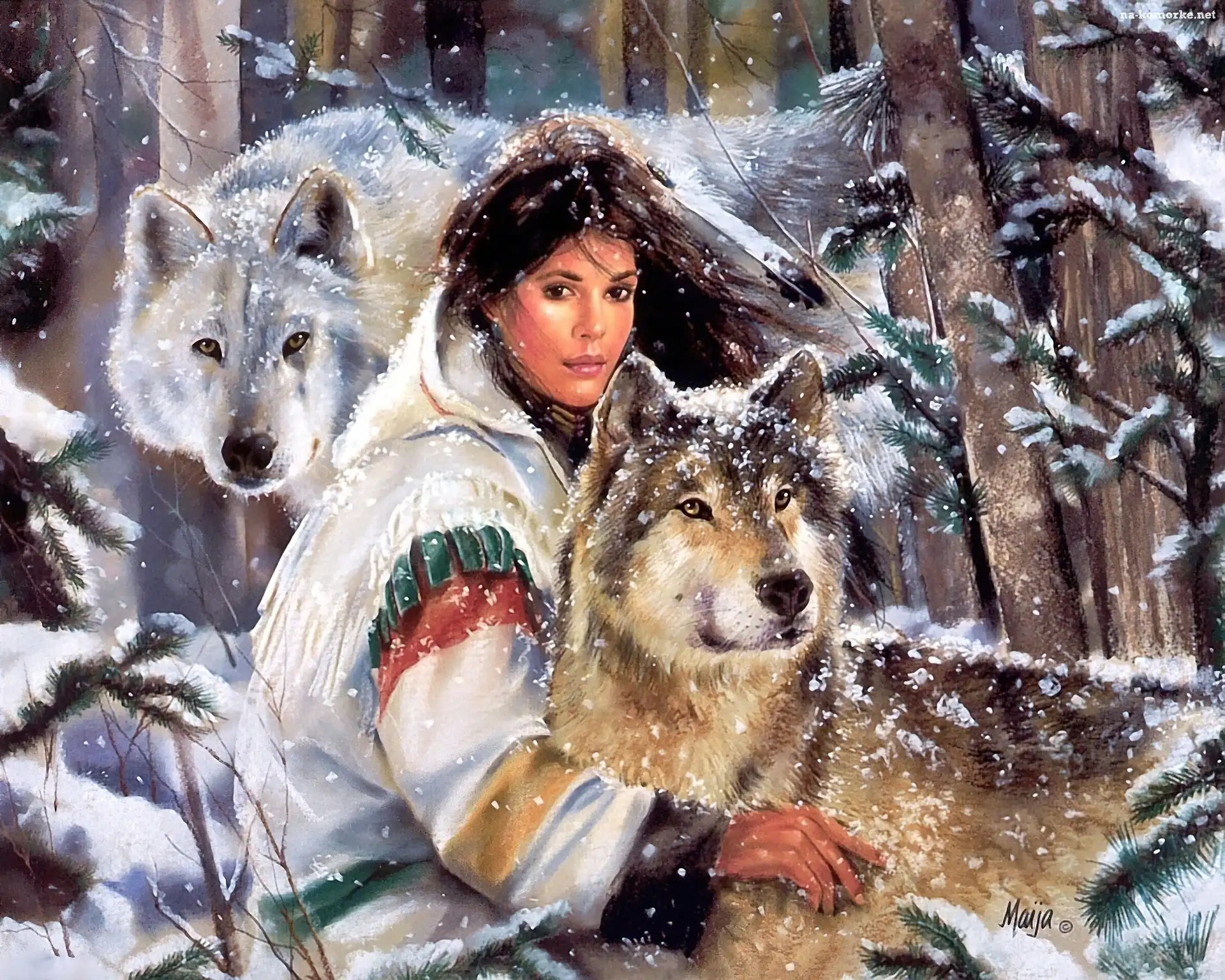Zima, Dziewczyna, Indianka, Dwa, Wilki