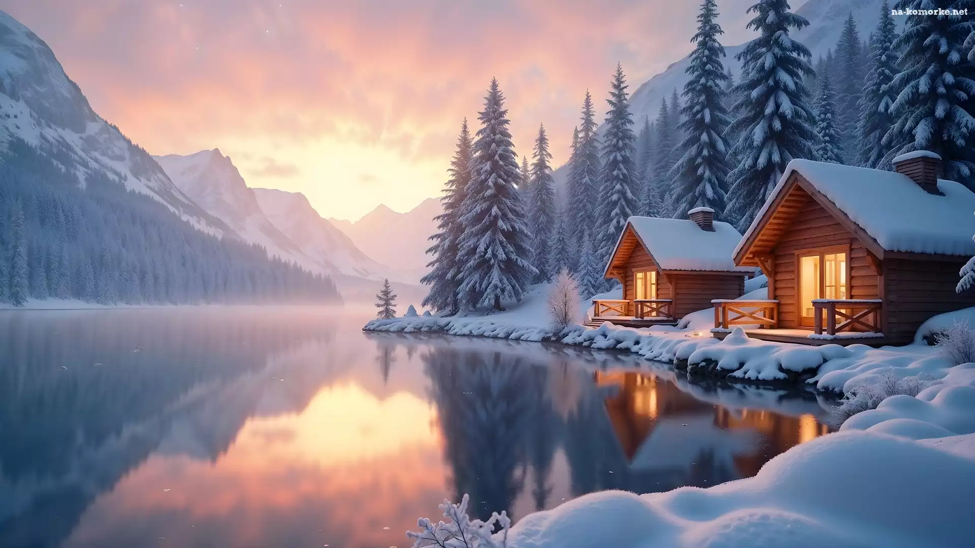 Domy, Ośnieżone, Góry, Zima, Drzewa, Drewniane, Jezioro