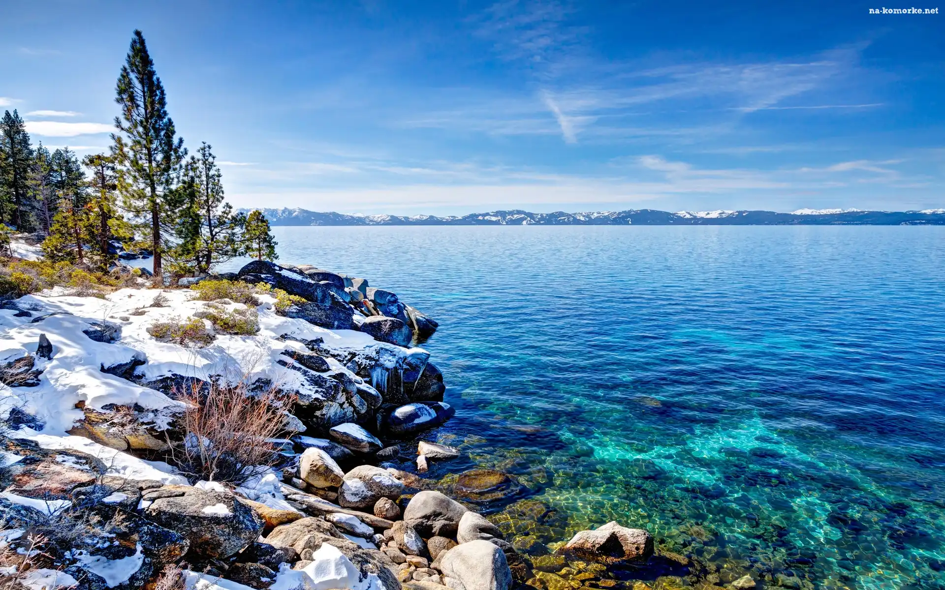 Góry, Stan Kalifornia, Stany Zjednoczone, Zima, Park stanowy Emerald Bay, Jezioro Tahoe