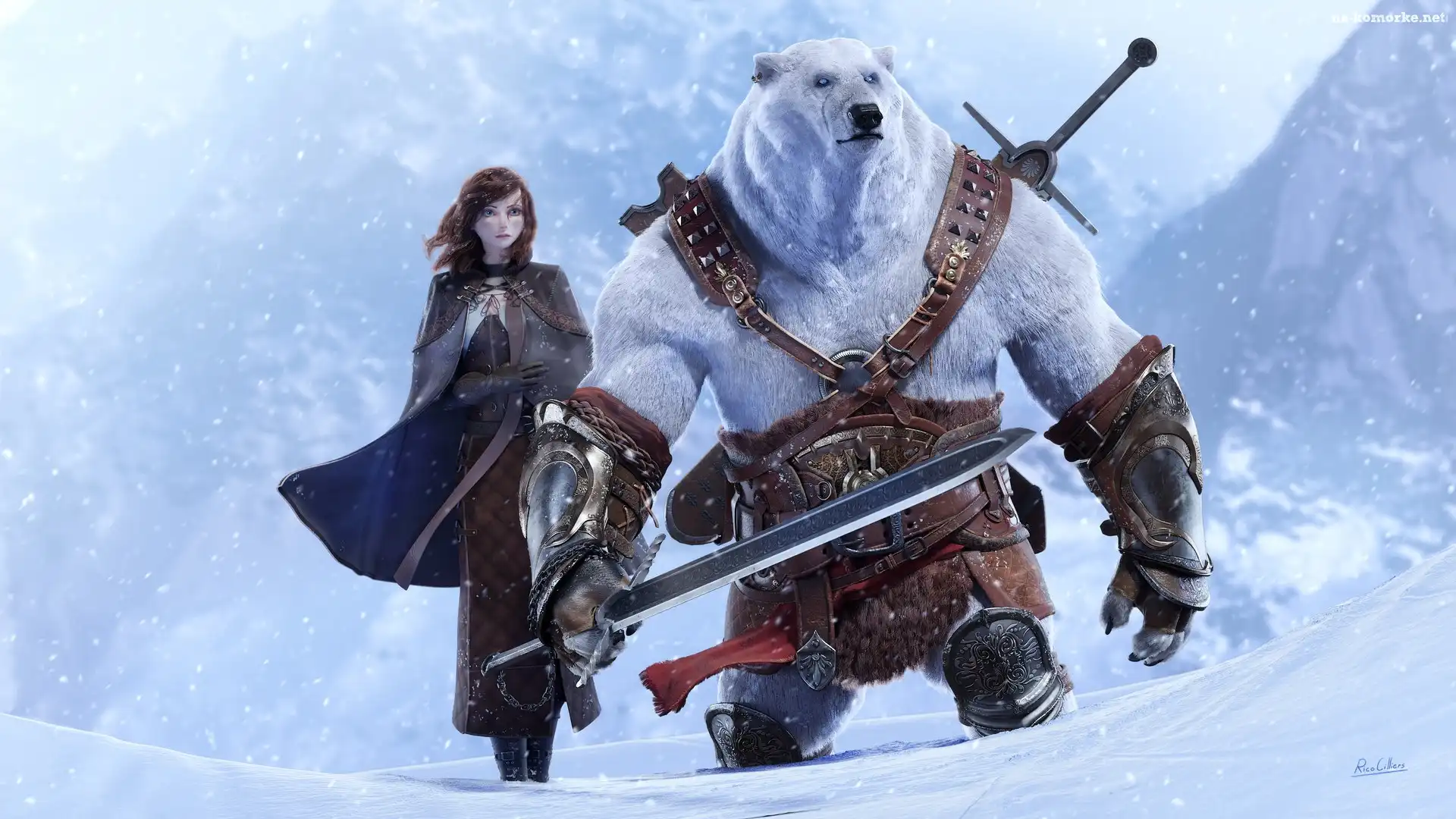 Zima, Fantasy, Dziewczyna, Niedźwiedź, Miecz