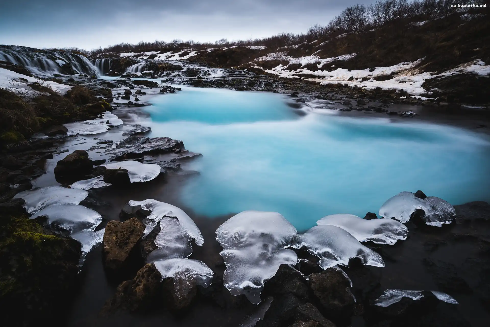Åšnieg, Rzeka Bruara, Wodospad Bruarfoss Waterfall, Islandia, Zima