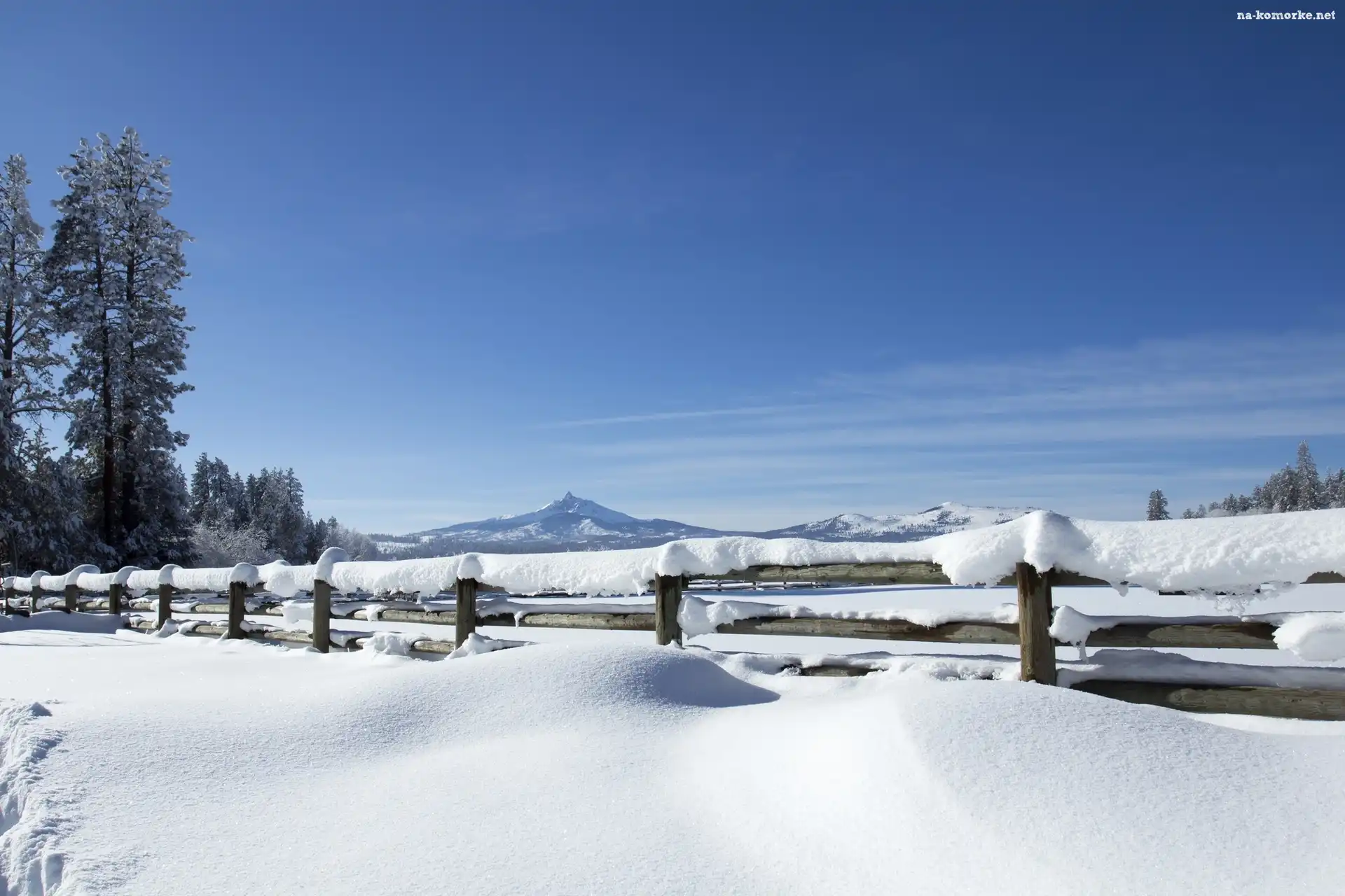 Zima, Płot, Stany Zjednoczone, Ogrodzenie, Stan Oregon, Black Butte Ranch, Śnieg, Góry Białe, Góra Waszyngtona, Drzewa