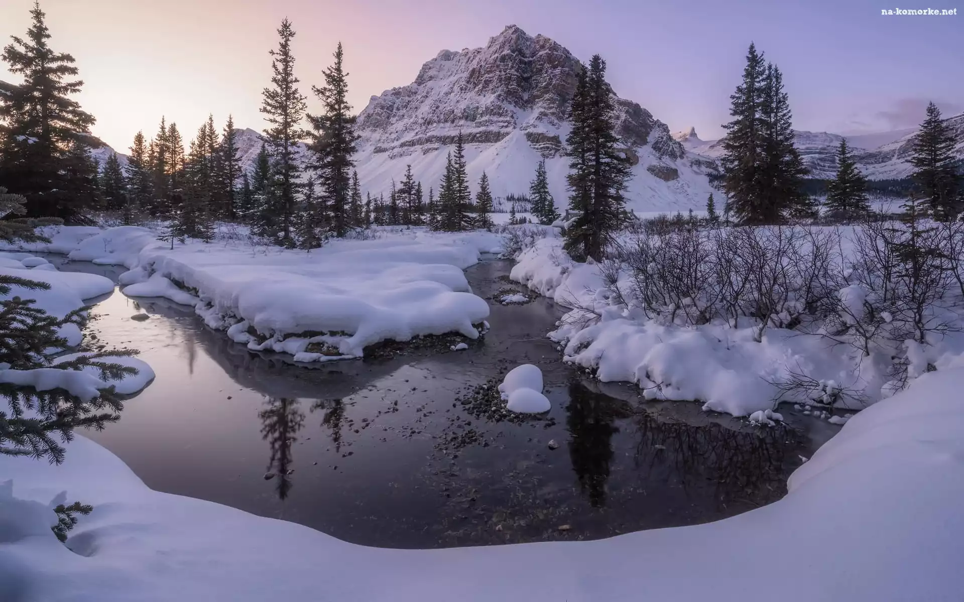 Park Narodowy Banff, Drzewa, Jezioro, Kanada, Zima, Wschód słońca, Góry, Alberta