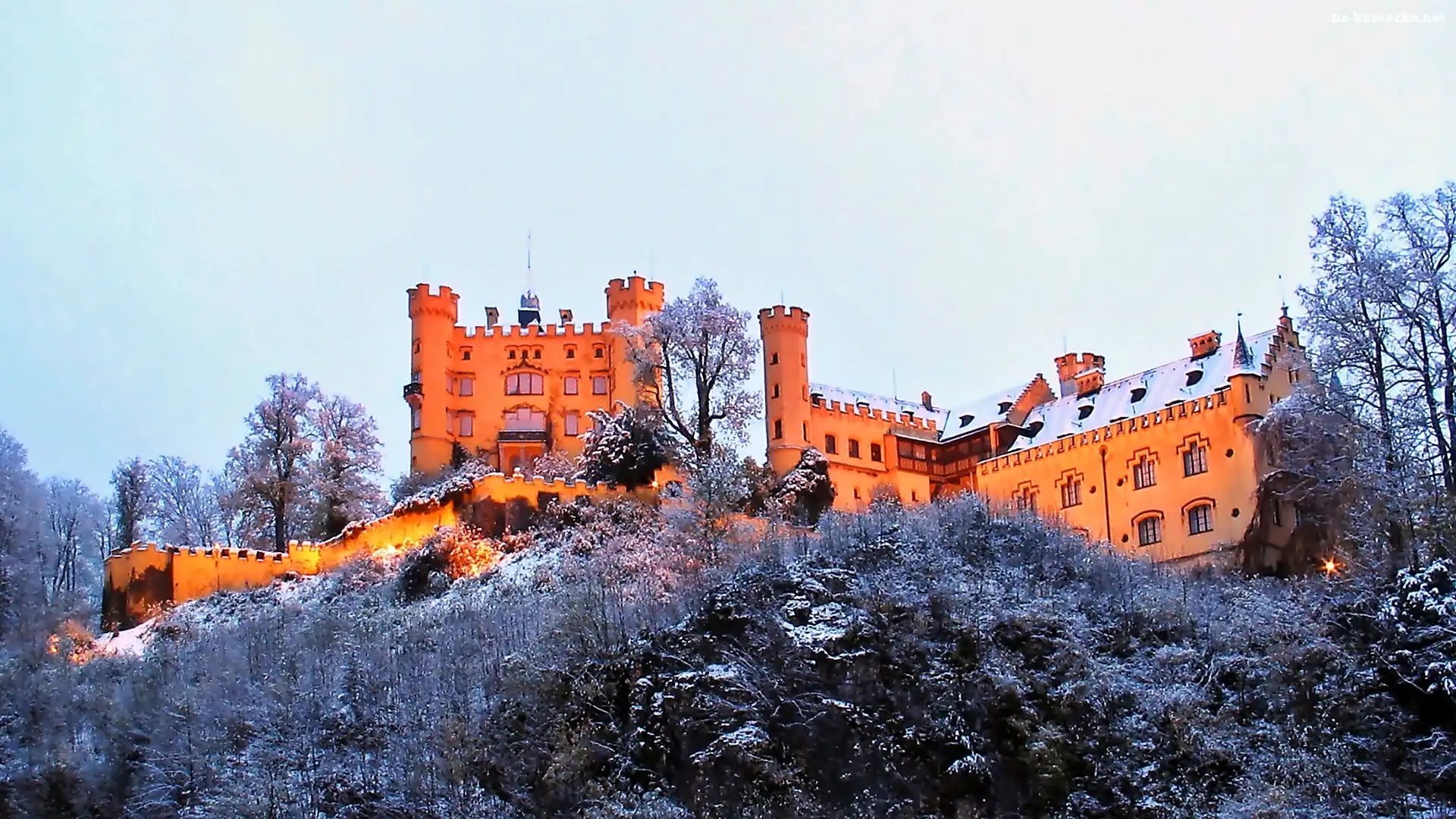 Świt, Zamek, Hohenschwangau, Zima, Drzewa