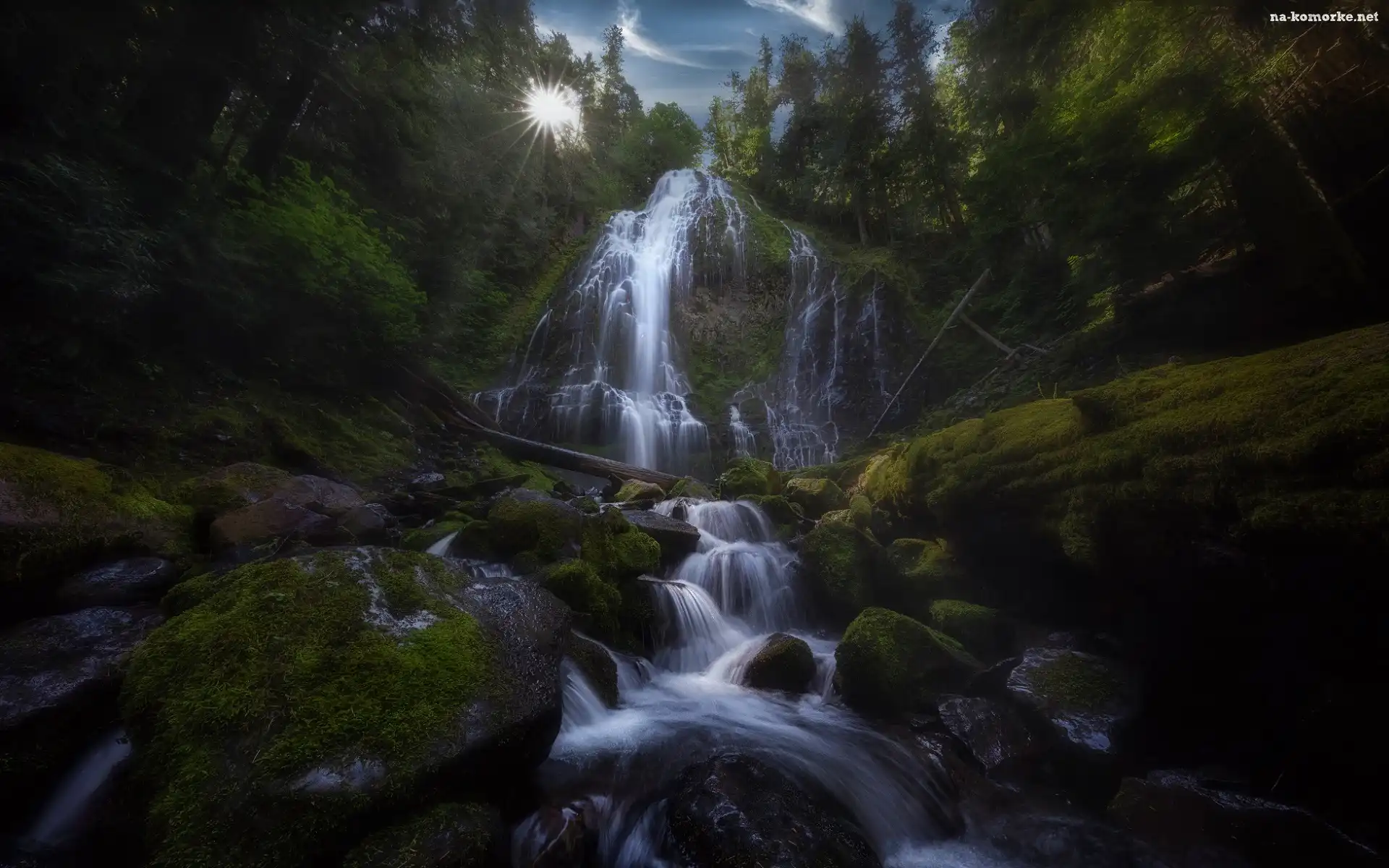Stany Zjednoczone, Góra North Sister, Pasmo górskie Cascade Range, Stan Oregon, Promienie słońca, Omszałe, Skała, Willamette National Forest, Drzewa, Wodospad Proxy Falls, Kamienie