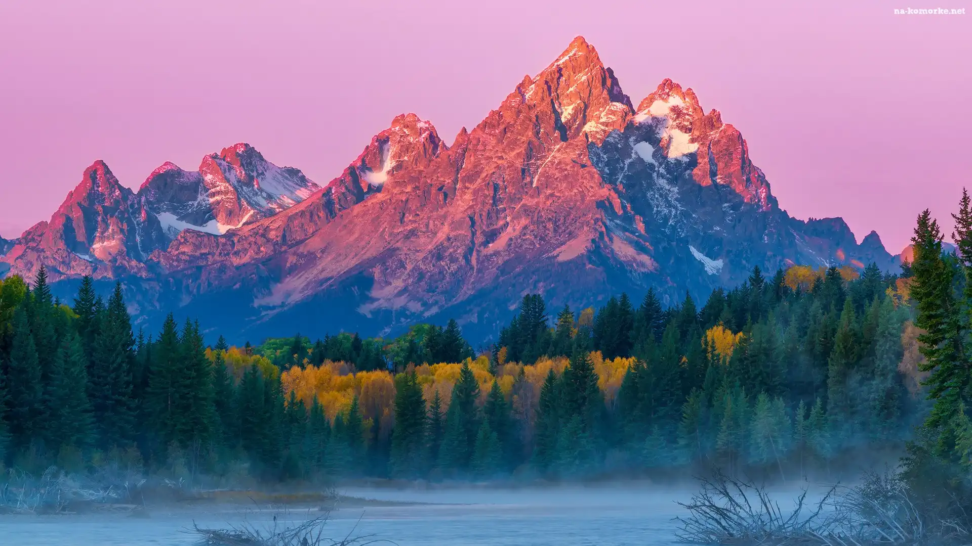 Park Narodowy Grand Teton, Drzewa, Teton Range, Stany Zjednoczone, Rzeka, Jesień, Góry, Stan Wyoming