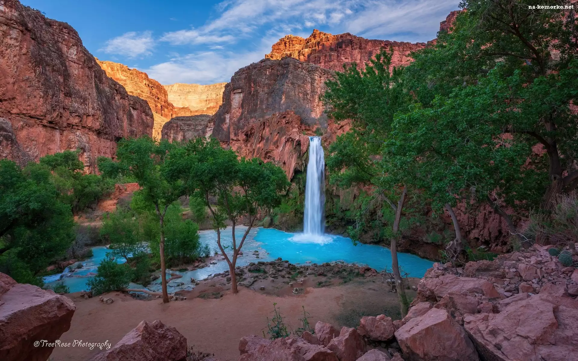 Arizona, Rzeka, Havasu Creek, Góry, Kanion, Havasu Falls, Wodospad, Park Narodowy Wielkiego Kanionu, Drzewa, Skały, Stany Zjednoczone