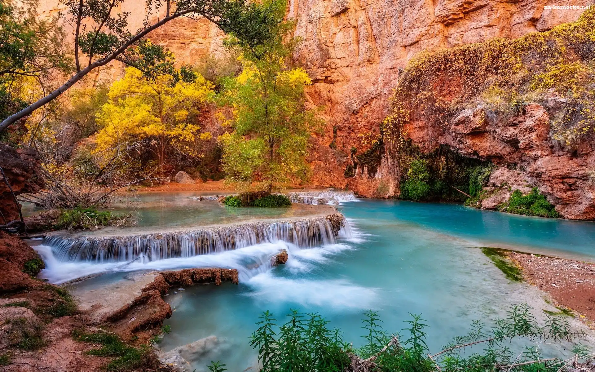 Kaskada, Rzeka, Stany Zjednoczone, Drzewa, Havasupai Indian Reservation, Skały, Park Narodowy Grand Canyon