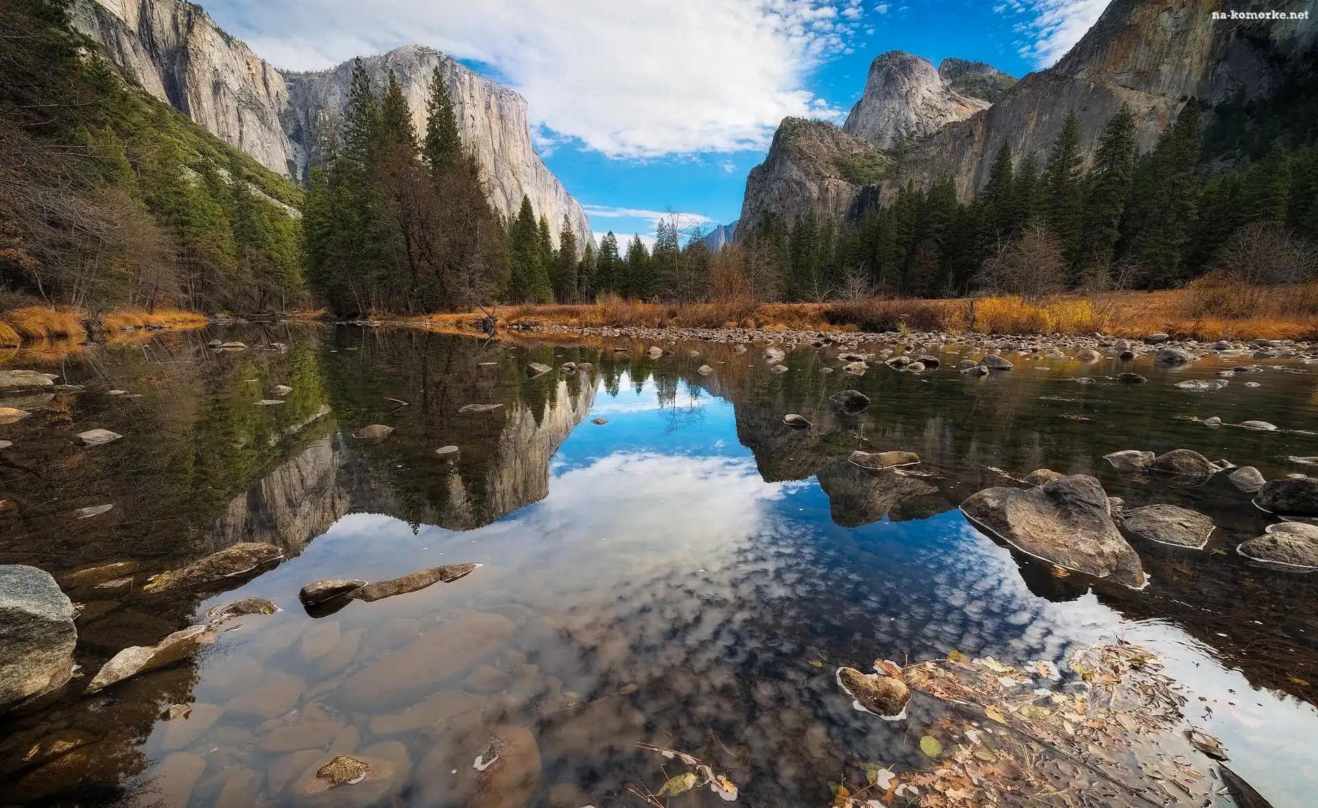 Park Narodowy Yosemite, Stany Zjednoczone, Góry, Dolina Valley, Chmury, Stan Kalifornia, Odbicie, Drzewa, Kamienie