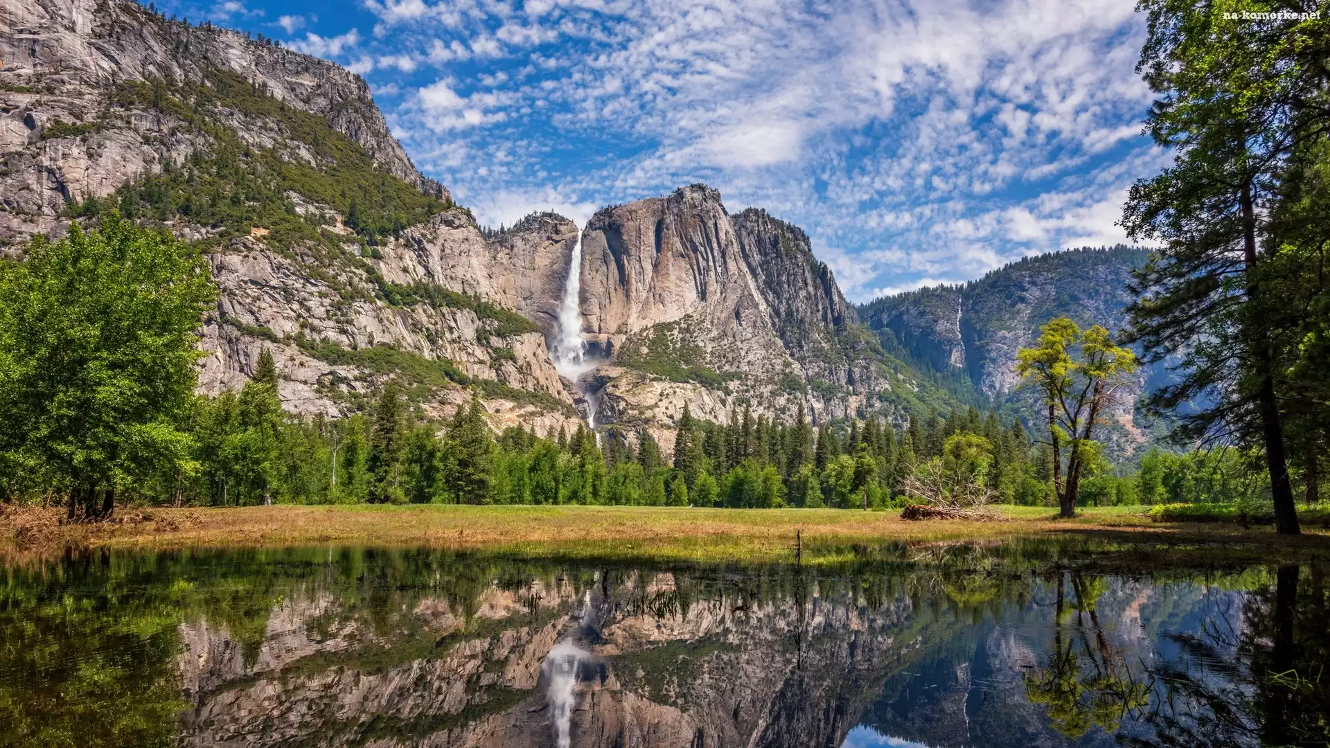 Park Narodowy Yosemite, Wodospad, Skały, Stany Zjednoczone, Rzeka, Drzewa, Góry, Kalifornia