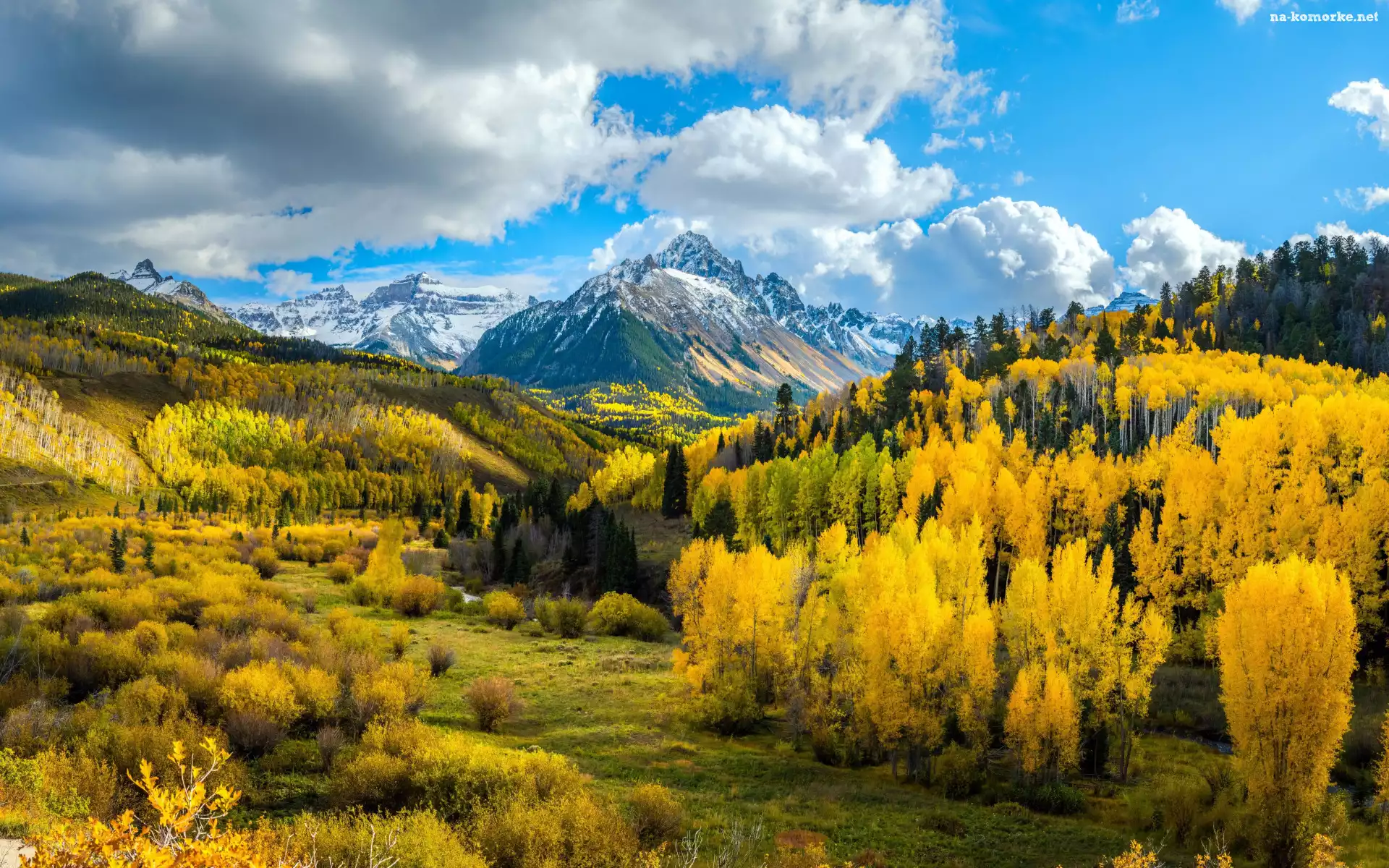 Drzewa, Góry Skaliste, Chmury, Mount Sneffels, Szczyt, Kolorado, Stany Zjednoczone, Lasy, Jesień